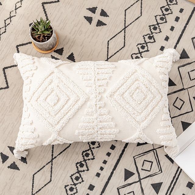 Boho Aesthetic Tufted Cushion Cover - Handmade Cotton Pillow Case for Sofa, Bed, Chair - Perfect for Bohemian Home Decor, Living Room & Bedroom Accent