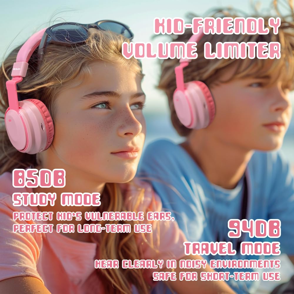 Bluetooth 5.3 Wireless Kids Headphones - 60H Playtime, Volume Limited 85/110dB, Over-Ear Foldable Design with Aux Cable & Mic - Perfect for School, Travel, iPad, Tablet, Notebook (Pink) - Ideal for Online Classes, Airplane Trips & Home Learning