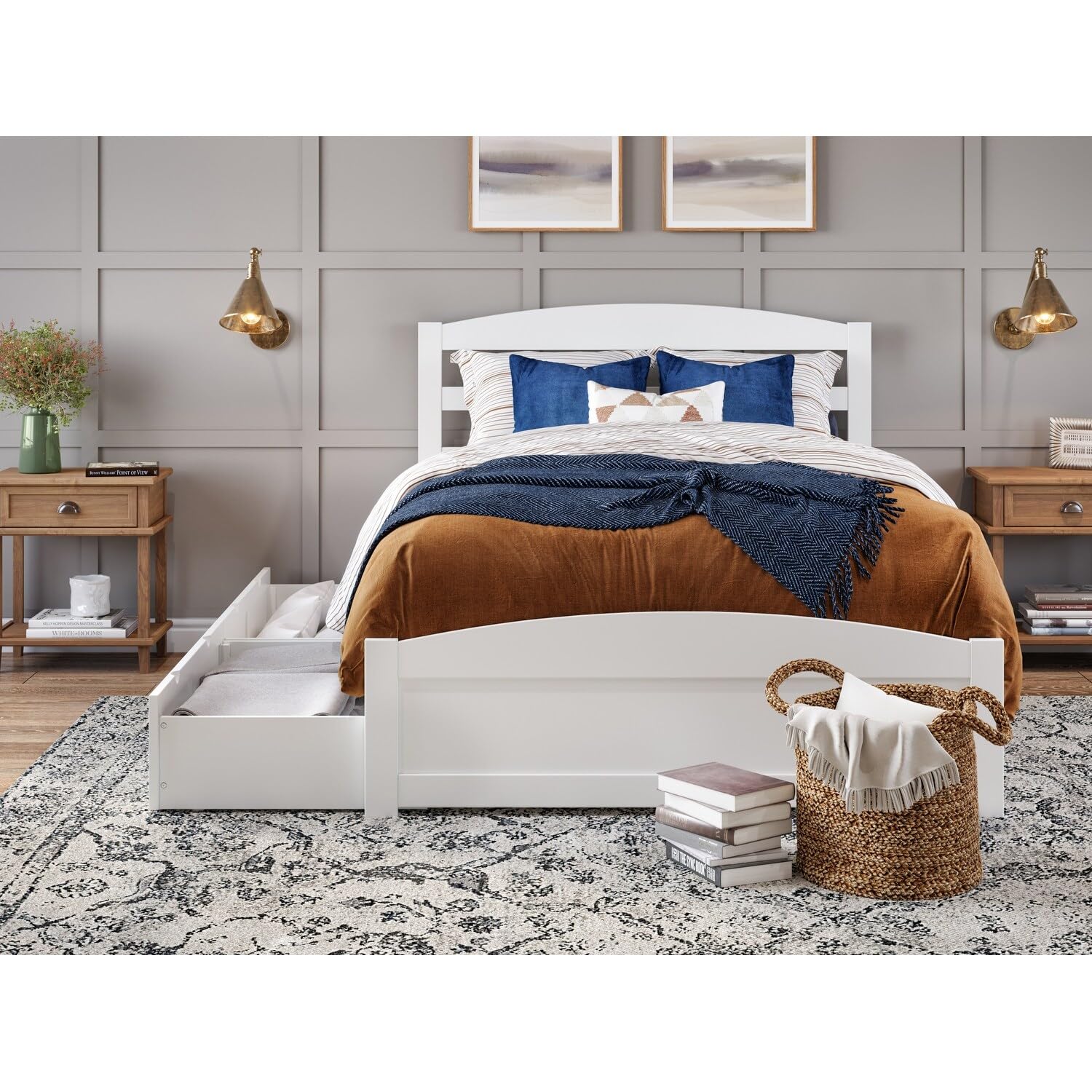 AFI Warren Queen Size Platform Bed with Storage & USB Charging Station - Modern White Wooden Bed Frame with Footboard for Bedroom, Guest Room, or Dorm