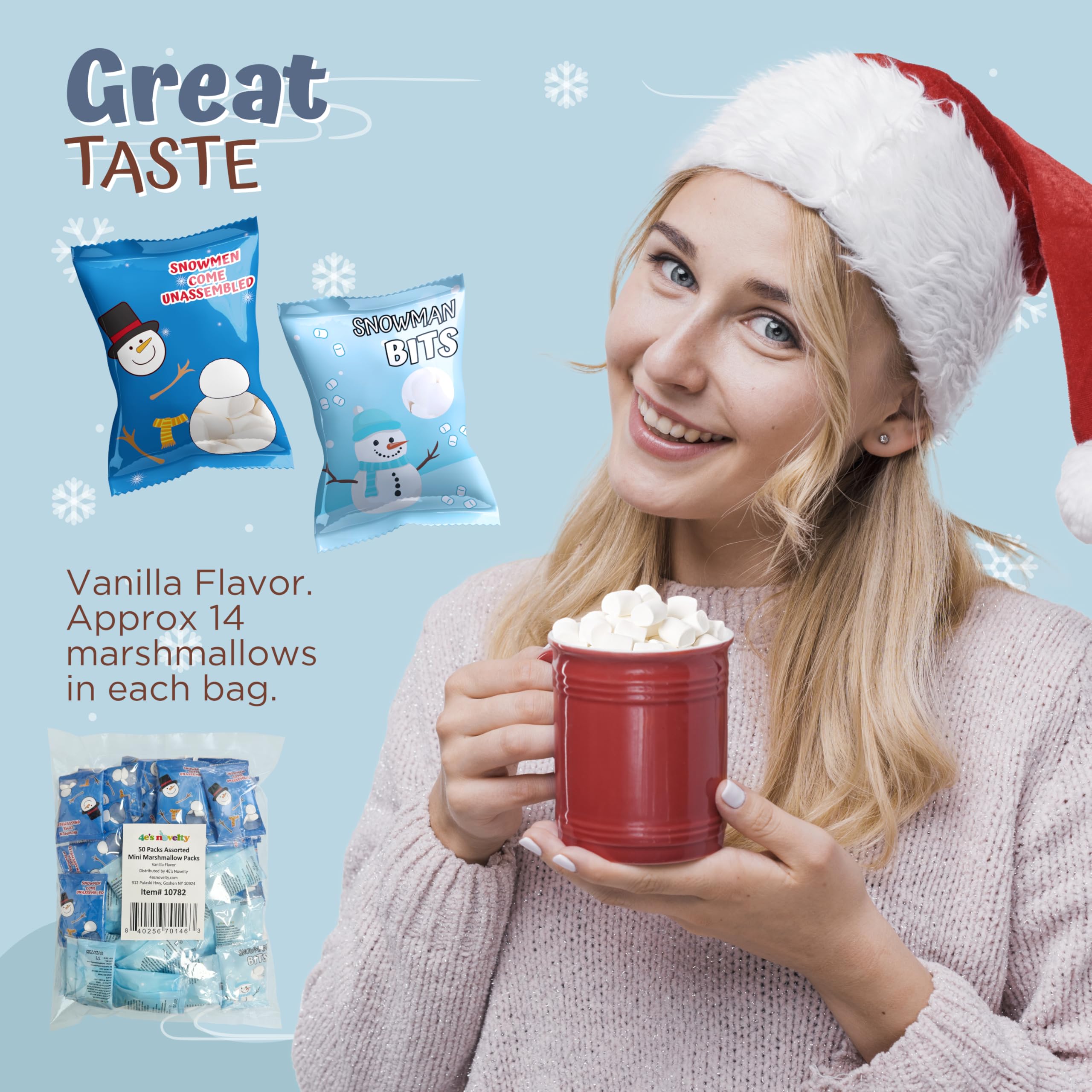 4E's Novelty 50 Packets Mini Marshmallows - 2 Cute Designs Individually Wrapped Marshmallows for Hot Chocolate, Baking & Christmas Decorations | Perfect for Holiday Parties, Coffee Toppings & Snowman Crafts