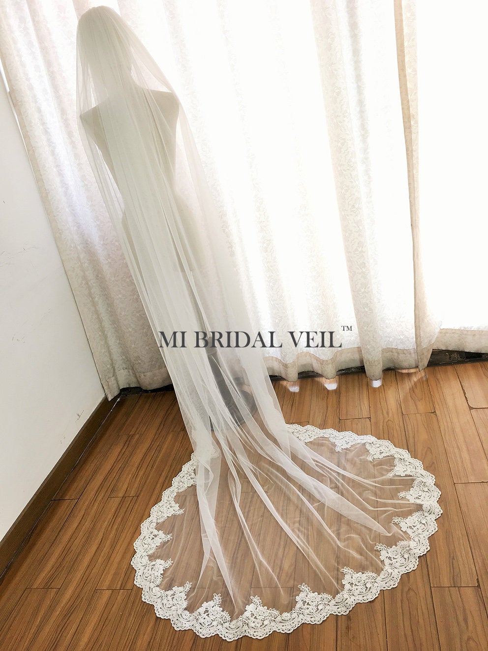 Elegant Cathedral Rose Lace Wedding Veil with Partial Lace Trim - Perfect for Bridal Ceremonies, First Dances & Romantic Photoshoots