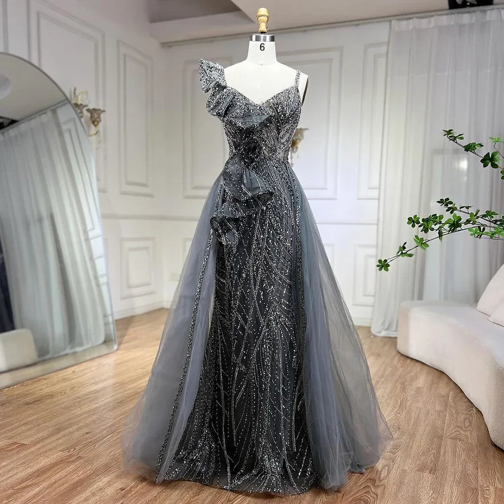 Serene Hill Golden Mermaid Evening Dress with Skirt - Women's Luxury Grey Beaded Spaghetti Strap Party Gown for Prom, Wedding & Formal Events 2025 LA72341