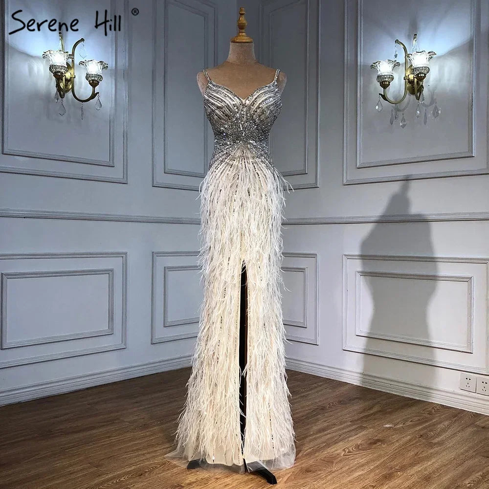Elegant Arabic Black Feather Beaded Mermaid Evening Gown with High Slit - LA70623 | Formal Dress for Prom, Gala & Special Occasions