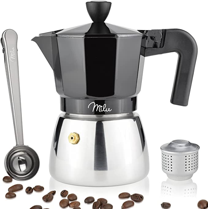Italian Moka Pot for Induction - 3, 6, 9 Cup Aluminum Stovetop Espresso Maker with Measuring Spoon, Coaster & Cleaning Brush (Black, 9 Cup 400ml) - Perfect for Home Coffee Brewing & Gifts