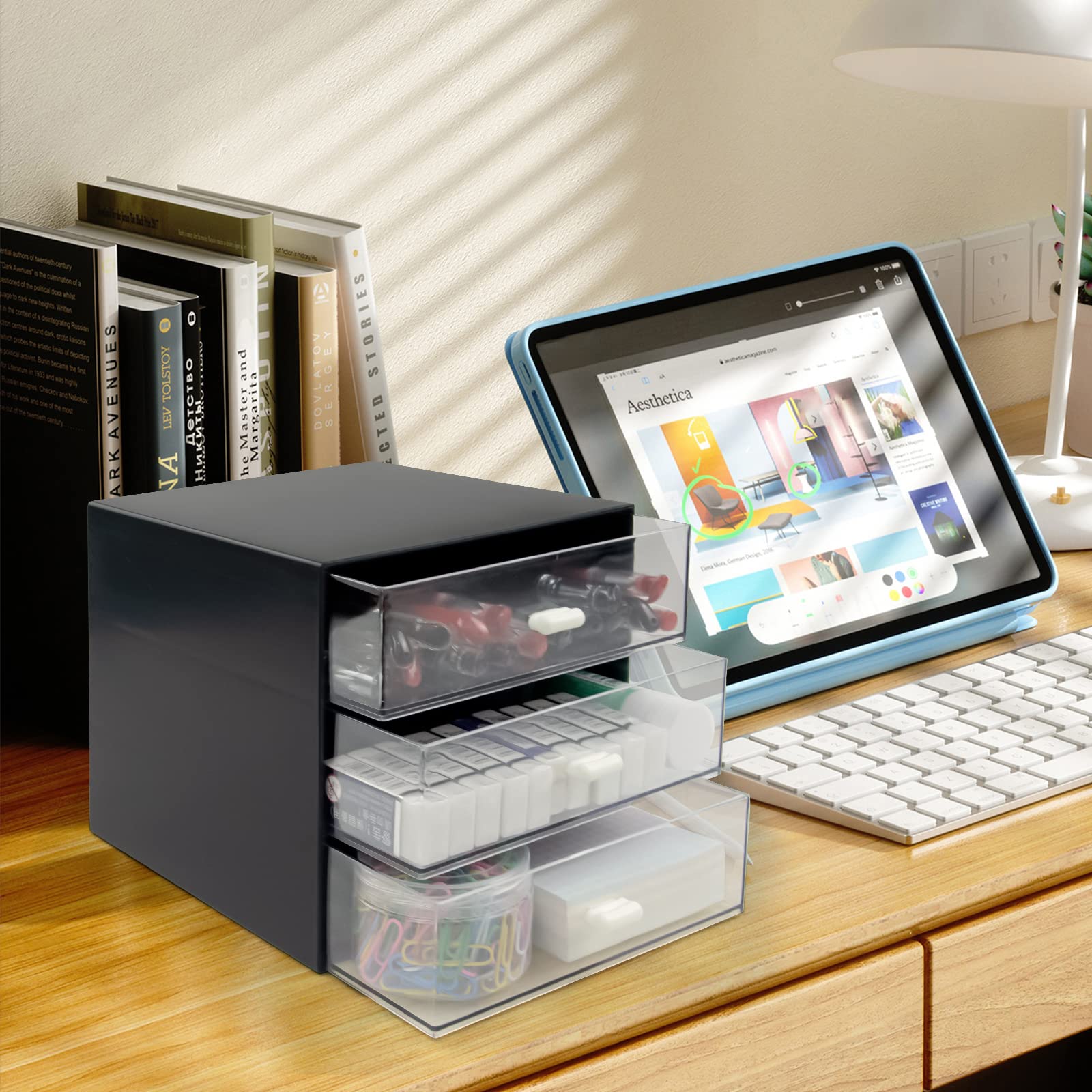 3-Drawer Black Plastic Desk Organizer with Storage Box - Office, School & Home Stationery Supplies Organizer for Pens, Paper Clips & Small Accessories - Perfect for Workspace, Study Desk & Dorm Room Organization