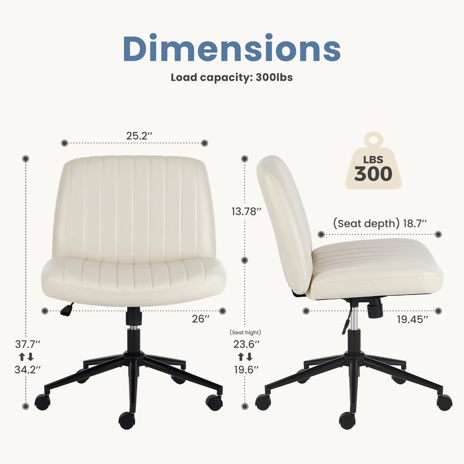 DUMOS Criss Cross Chair with Wheels - Adjustable Swivel Office Chair, Armless Wide Seat with Dual-Purpose Base, Leather Task Vanity Chair for Home Office & Workspace (Cream) - Perfect for Desk Work, Gaming & Study