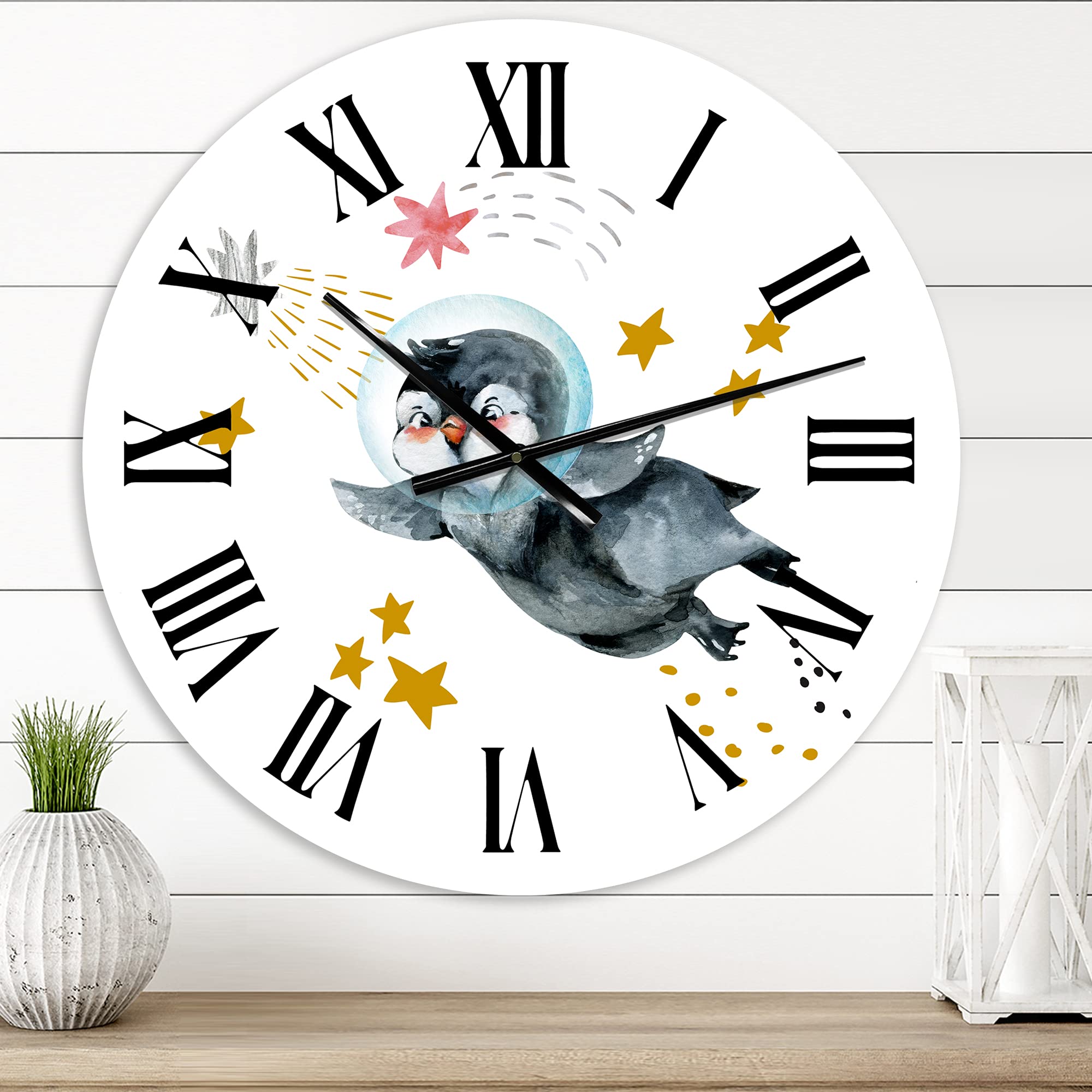Farmhouse Wall Clock - Large Penguin Flying with Stars & Planets Design, Perfect for Bedroom, Living Room & Kitchen Decor | Silent Non-Ticking Wall Clock for Home & Office