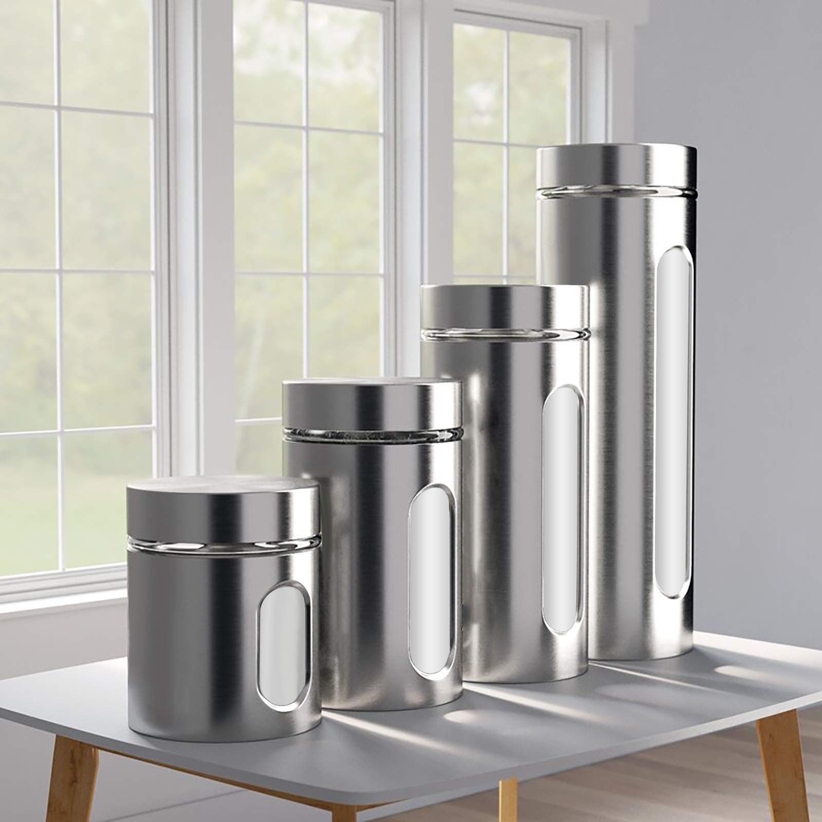 Premium 4-Piece Stainless Steel Food Storage Canister Set with Glass Window & Airtight Lids - Kitchen Countertop Pantry Organization for Coffee, Flour, Rice, Pasta, Spices & Herbs - Ideal for Baking, Cooking & Home Kitchen Storage