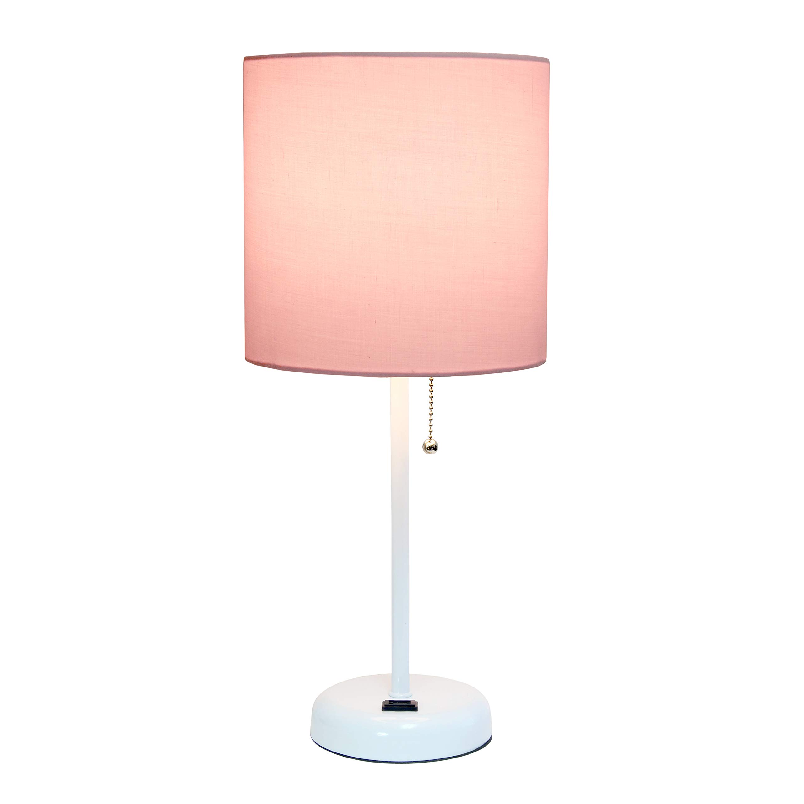 Simple Designs LT2024-POW White Stick Table Desk Lamp with USB Charging Outlet & Drum Fabric Shade - Light Pink Modern Lighting for Home Office, Bedroom Nightstand or Study Room