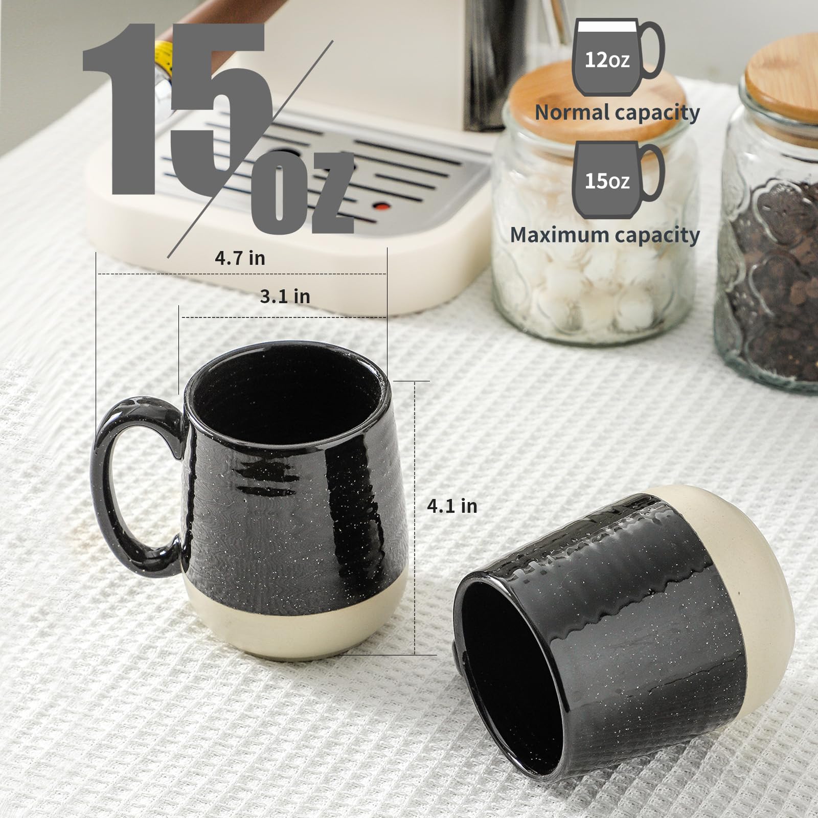 Hasense 15 oz Ceramic Coffee Mugs Set of 4 - Large Tea Cups with Handle for Men & Women - Microwave & Dishwasher Safe Black Latte Mugs - Perfect for Coffee, Tea, Hot Chocolate at Home, Office or Gifts