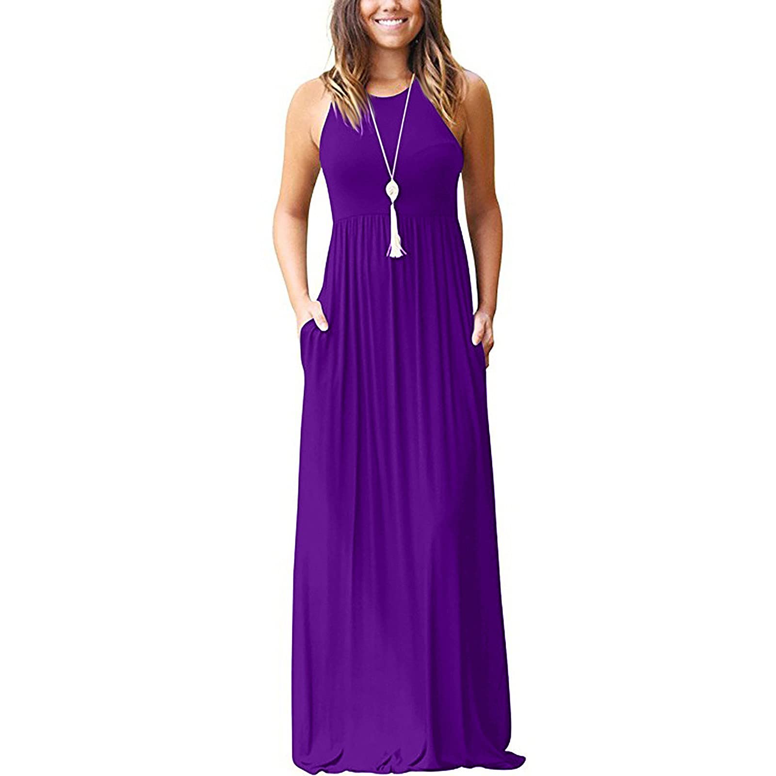 Women's Summer Maxi Dresses - Sleeveless Casual Long Dress with Pockets | Plain Flowy Beach Dress for Vacation, Outdoor Parties & Everyday Wear
