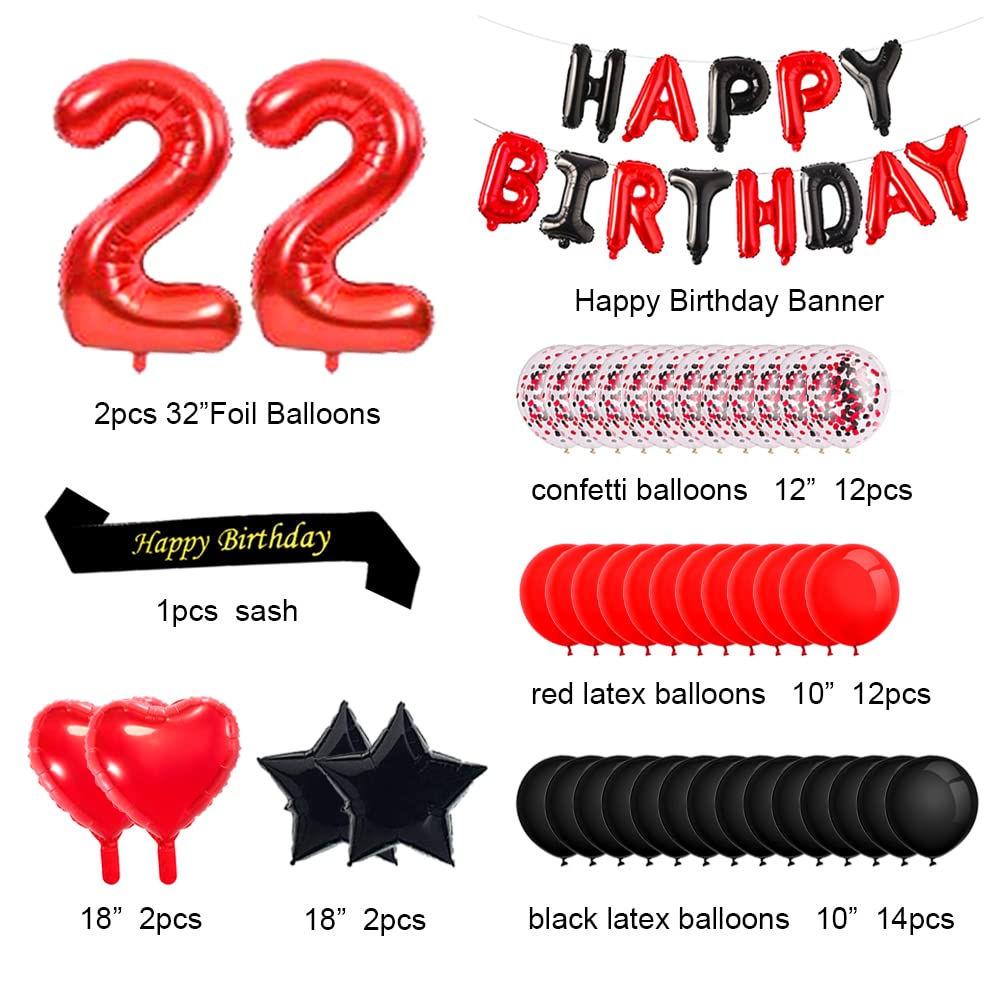 Minhero 22nd Birthday Party Decorations - Red & Black Happy Birthday Banner, Number 22 Balloons, Birthday Sash with Latex & Confetti Balloons for Women's 22nd Birthday Celebration - Perfect for Adult Birthday Parties, Milestone Celebrations & Photo Backdrops
