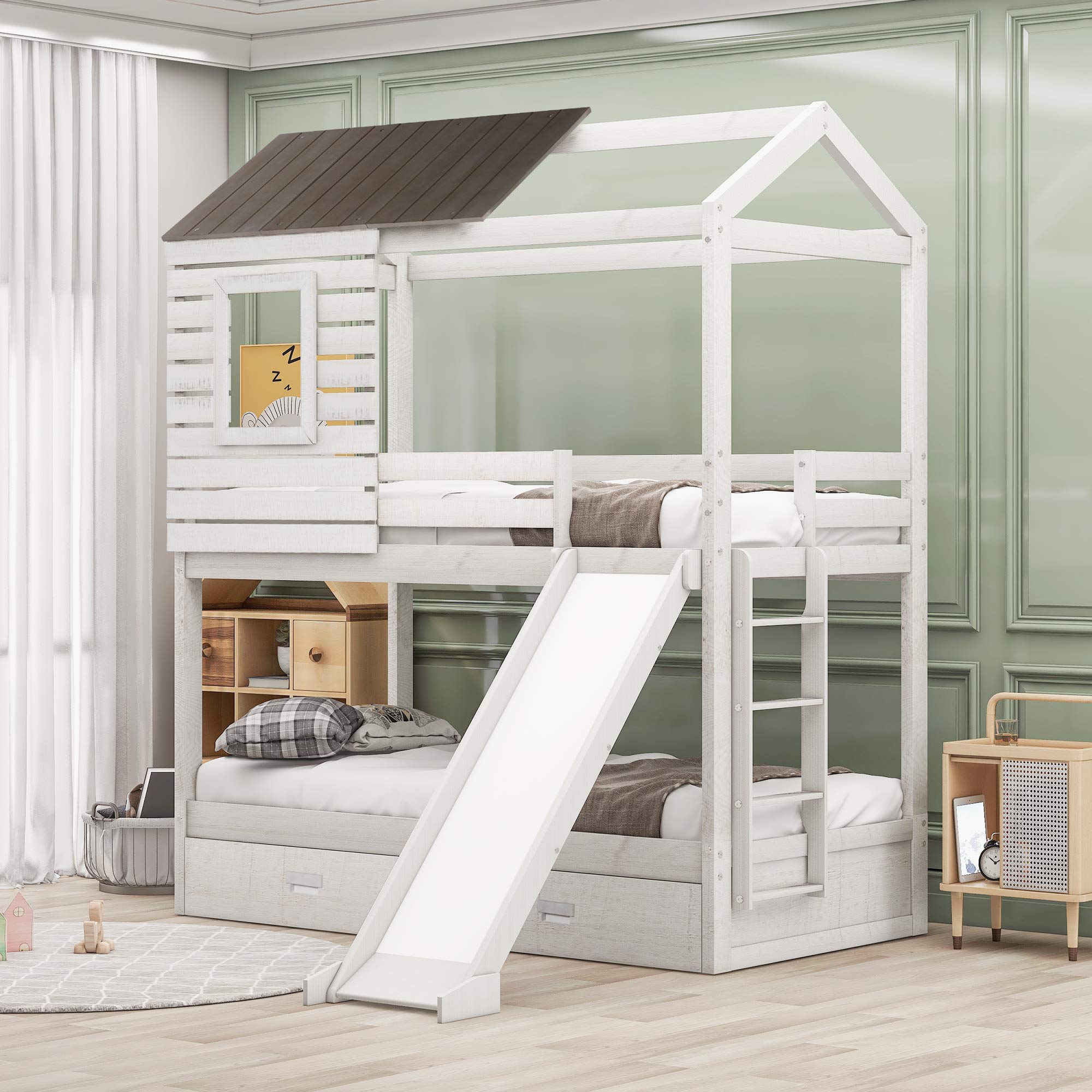 Twin Over Twin Bunk Bed with Roof, Window & Slide for Kids & Teens - Low Toddler Wooden Bunk Bed with 2 Storage Drawers, No Box Spring Needed - Perfect for Small Bedrooms, Playrooms & Sleepovers