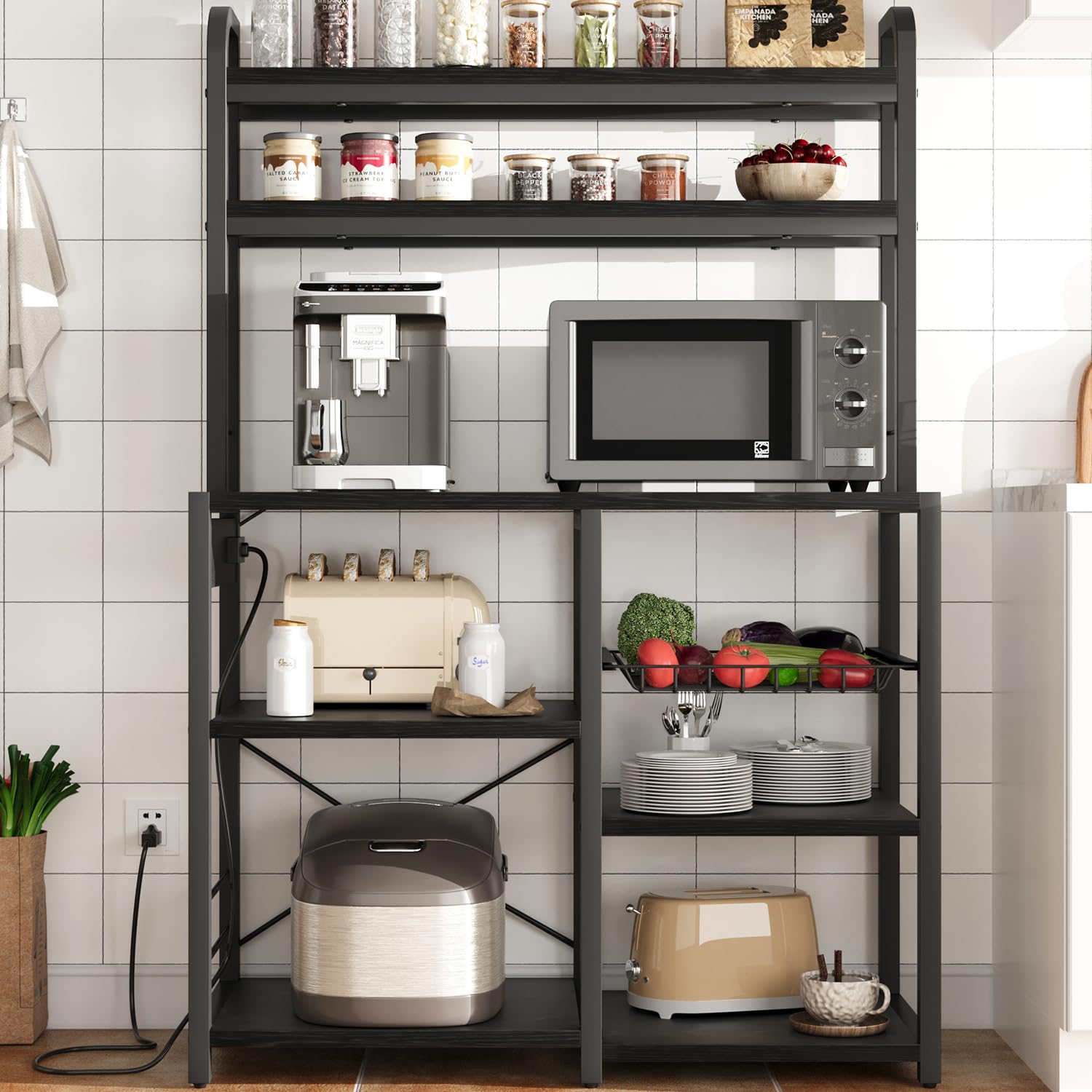 GAOMON 6-Tier Bakers Rack with Power Outlet & Wire Baskets - Freestanding Kitchen Storage Shelf for Microwave, Spices & Cookware - Retro Black Utility Shelf for Small Spaces & Apartment Living