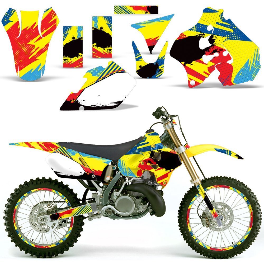 MX Dirt Bike Graphics Kit Sticker Decal with Rim Trim & Number Plates for Suzuki RM 250 1996-1998 - Multicolor Design - Perfect for Motocross Racing & Off-Road Bike Customization