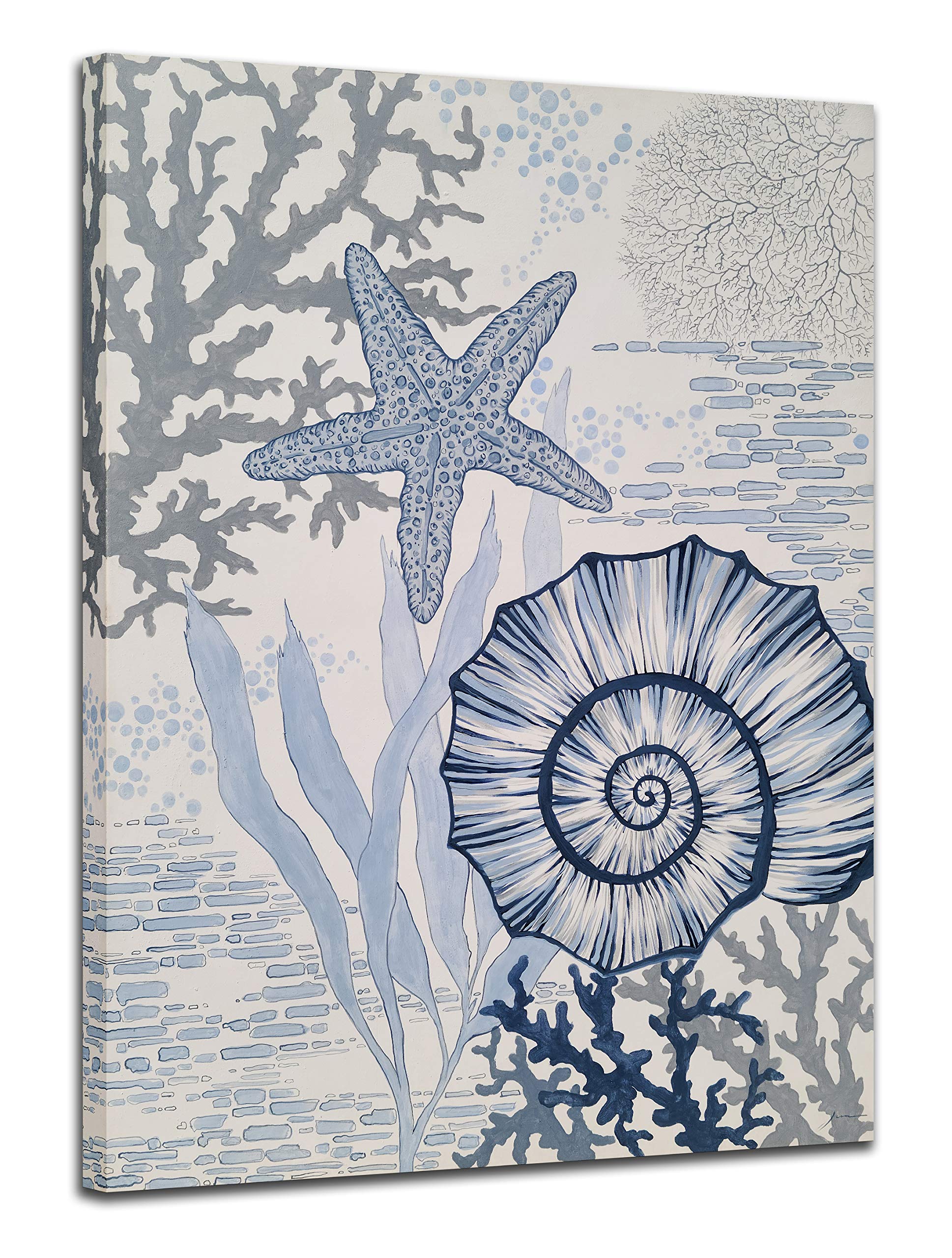 Hand Painted Coastal Canvas Wall Art - Blue and White Sea Shell & Starfish Painting for Living Room, Bedroom, Bathroom Decor | Beach Theme Home Décor for Coastal Style Interiors