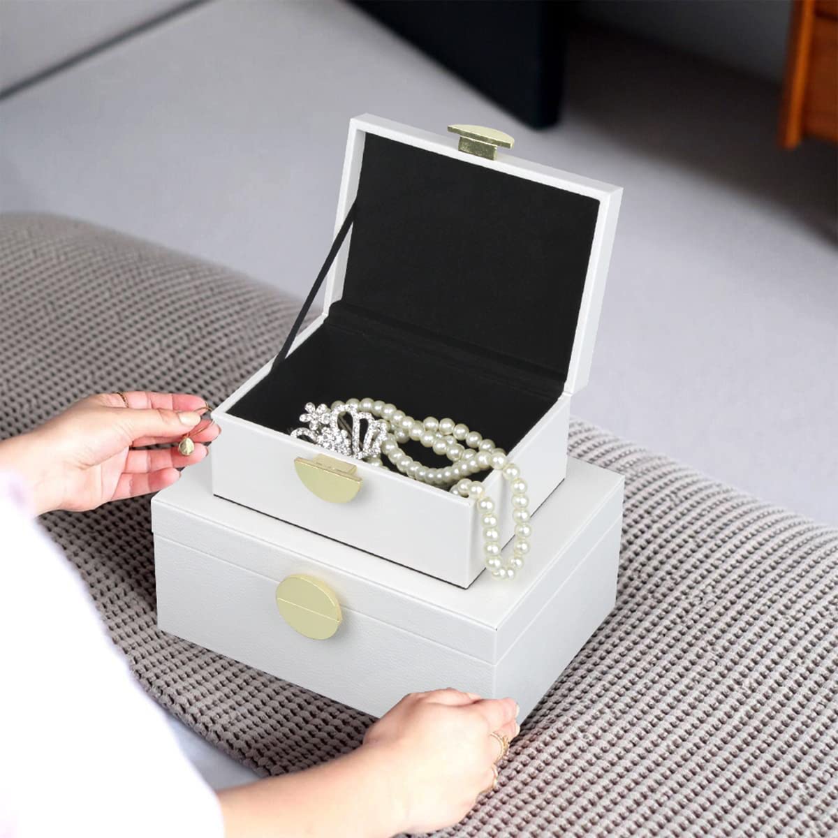 HofferRuffer Faux Leather Jewelry Box Set of 2 - White Vegan Leather Storage Organizer with Gold Hardware for Necklaces, Rings & Accessories - Perfect for Bedroom, Dresser & Gift Giving