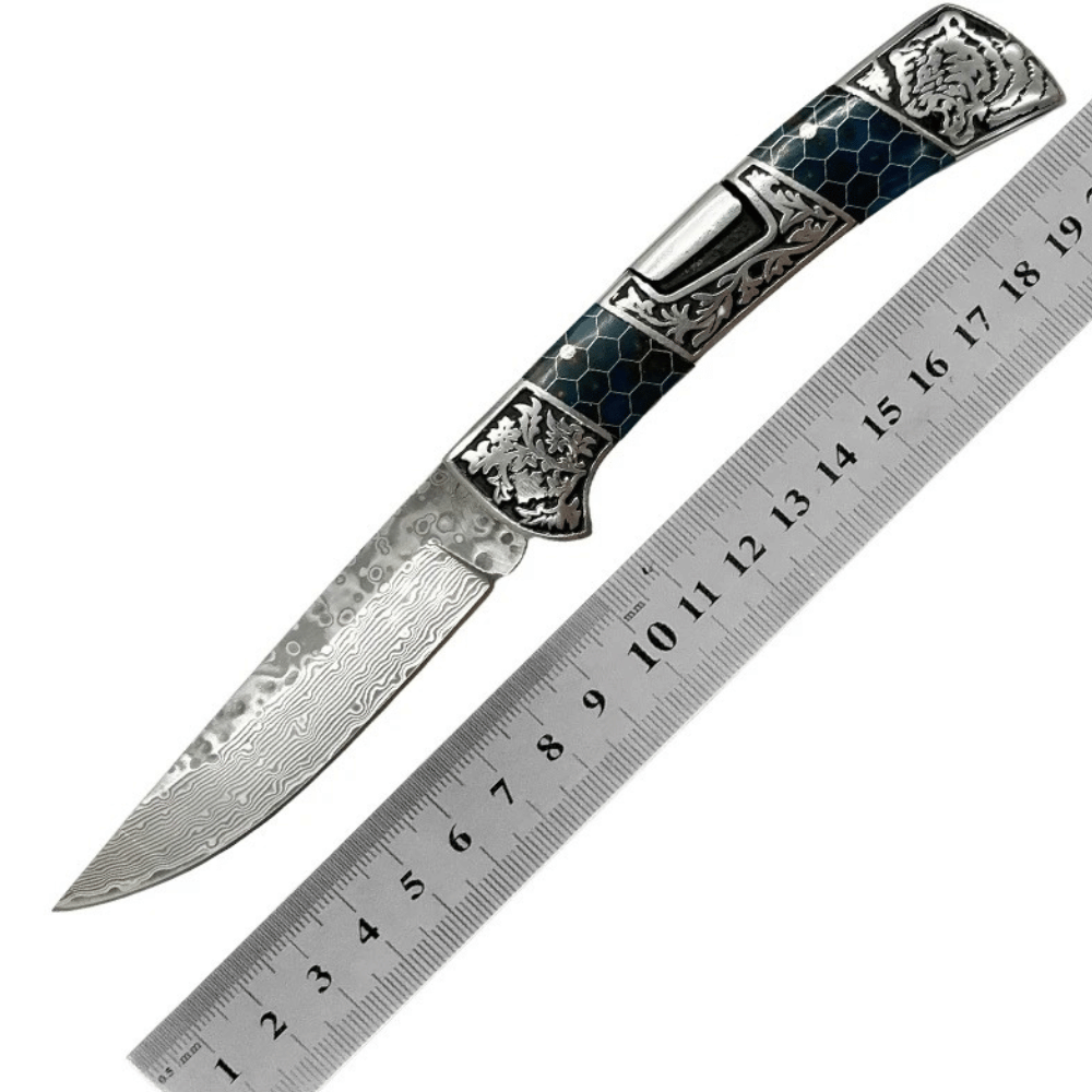 Premium Damascus Steel Pocket Knife with Honeycomb Resin Handle - EDC Folding Knife for Camping, Hiking & Outdoor Adventures