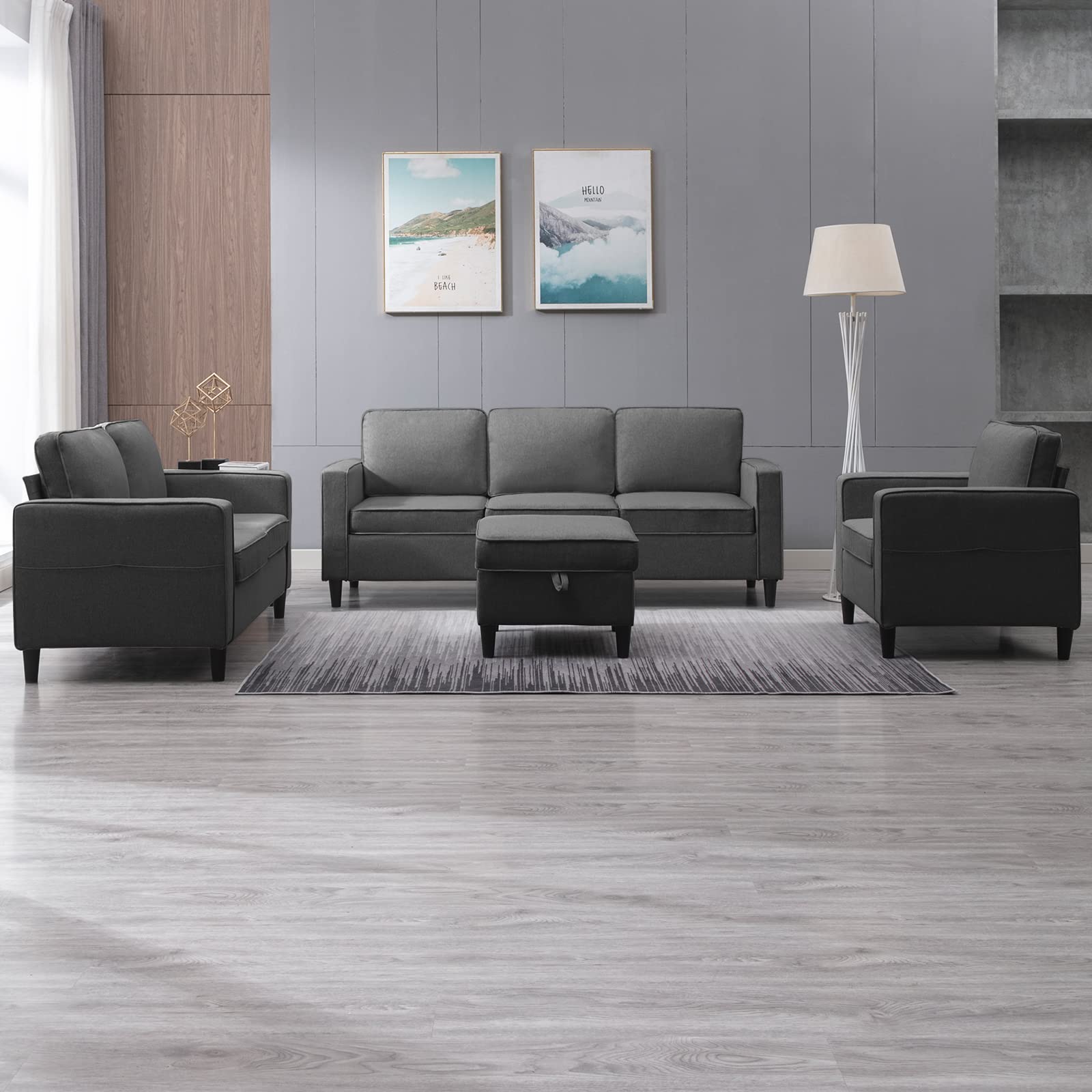 4-Piece Sectional Sofa Set with Storage Ottoman - Dark Grey Living Room Furniture (3-Seat Sofa, Loveseat, Armchair & Ottoman) | Perfect for Small Spaces, Apartments & Family Gatherings
