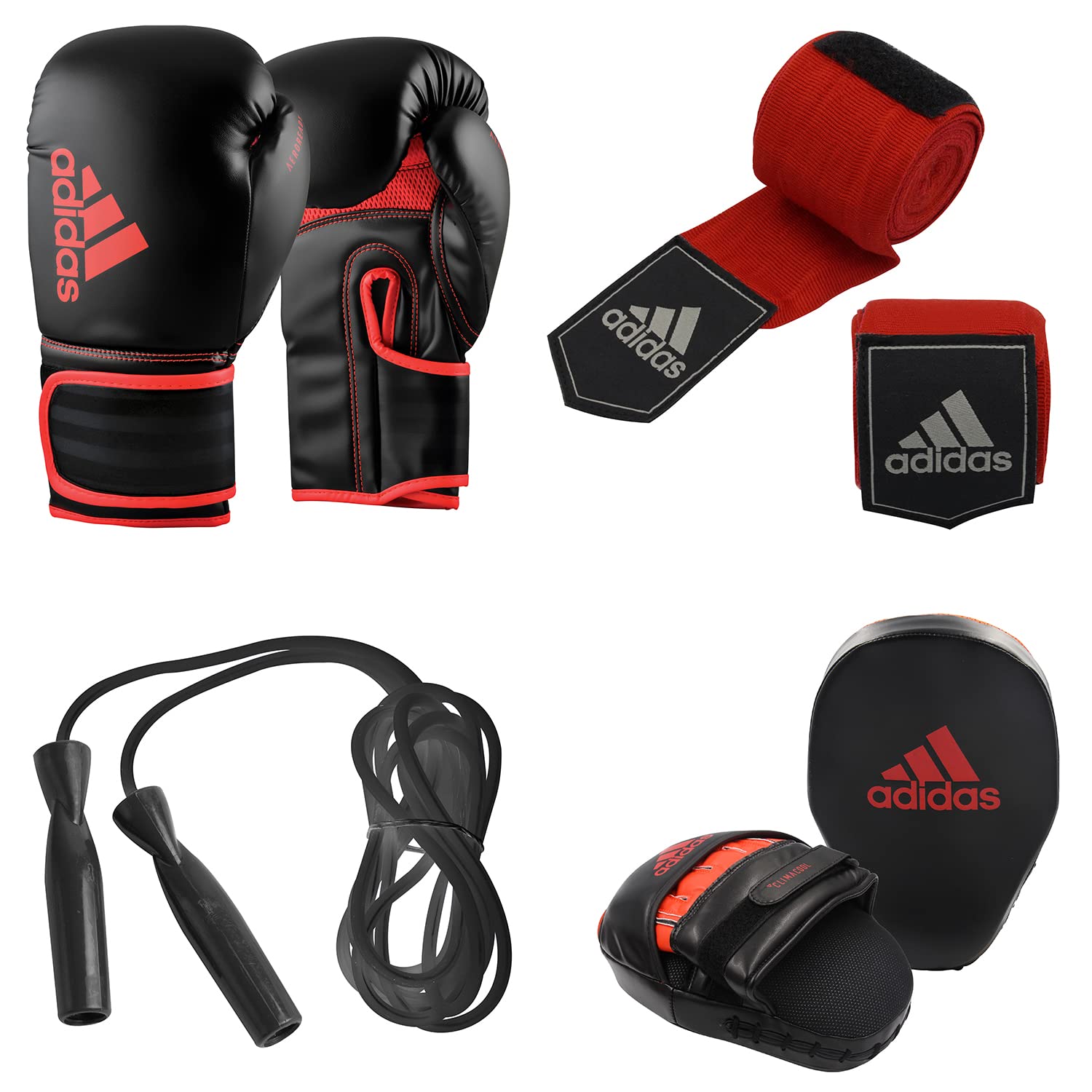Adidas Hybrid 80 Boxing Gloves & Training Bundle - Focus Mitts, Hand Wraps, Jump Rope for Boxing, MMA, Fitness & Gym Workouts - Perfect for Men & Women - Home & Gym Training Equipment