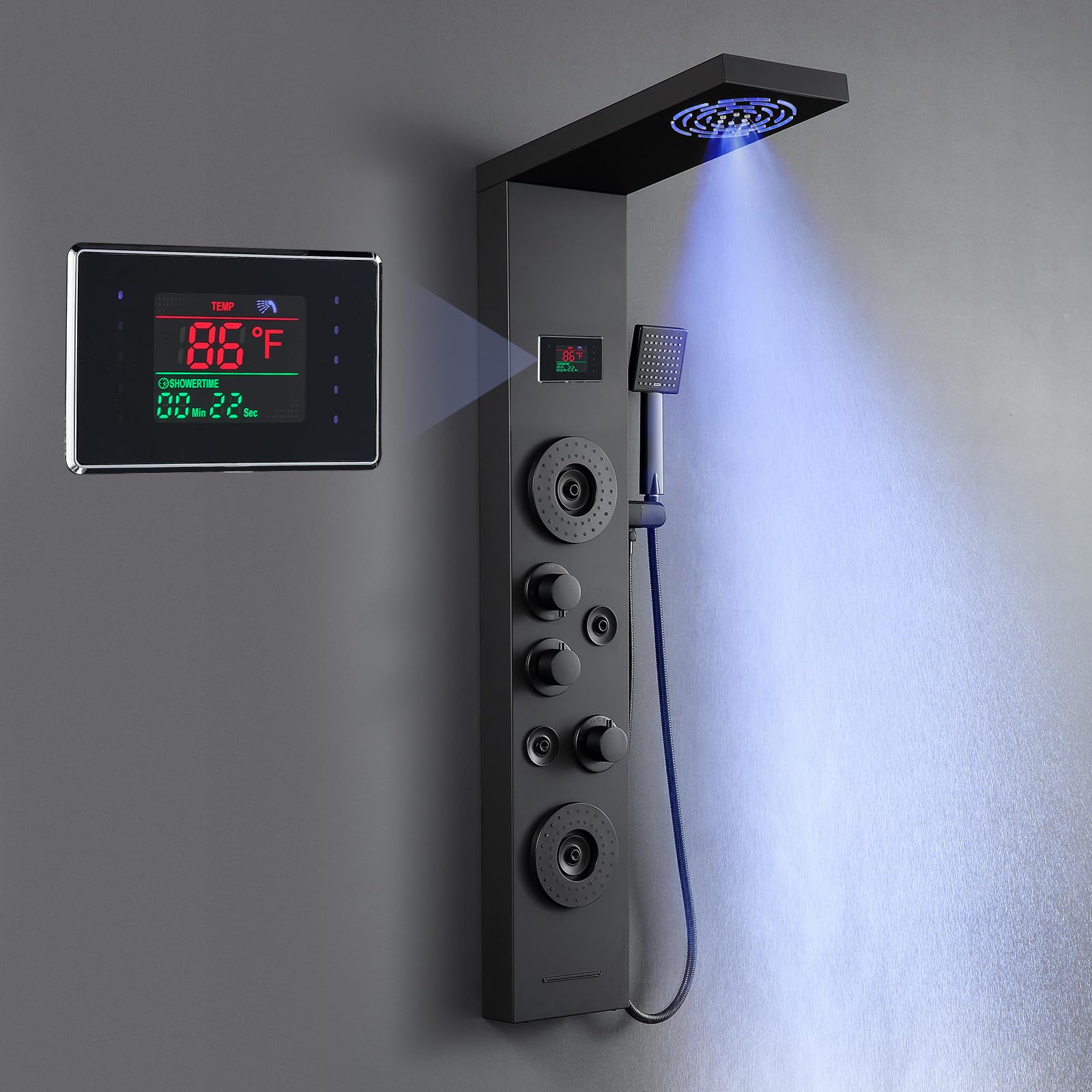 ROVATE 6-in-1 Matte Black LED Shower Panel Tower System with Rainfall Shower Head, Body Jets, Handheld Spray & Digital Temperature Display - High Pressure Shower Column with Tub Spout for Spa-Like Bathroom Experience