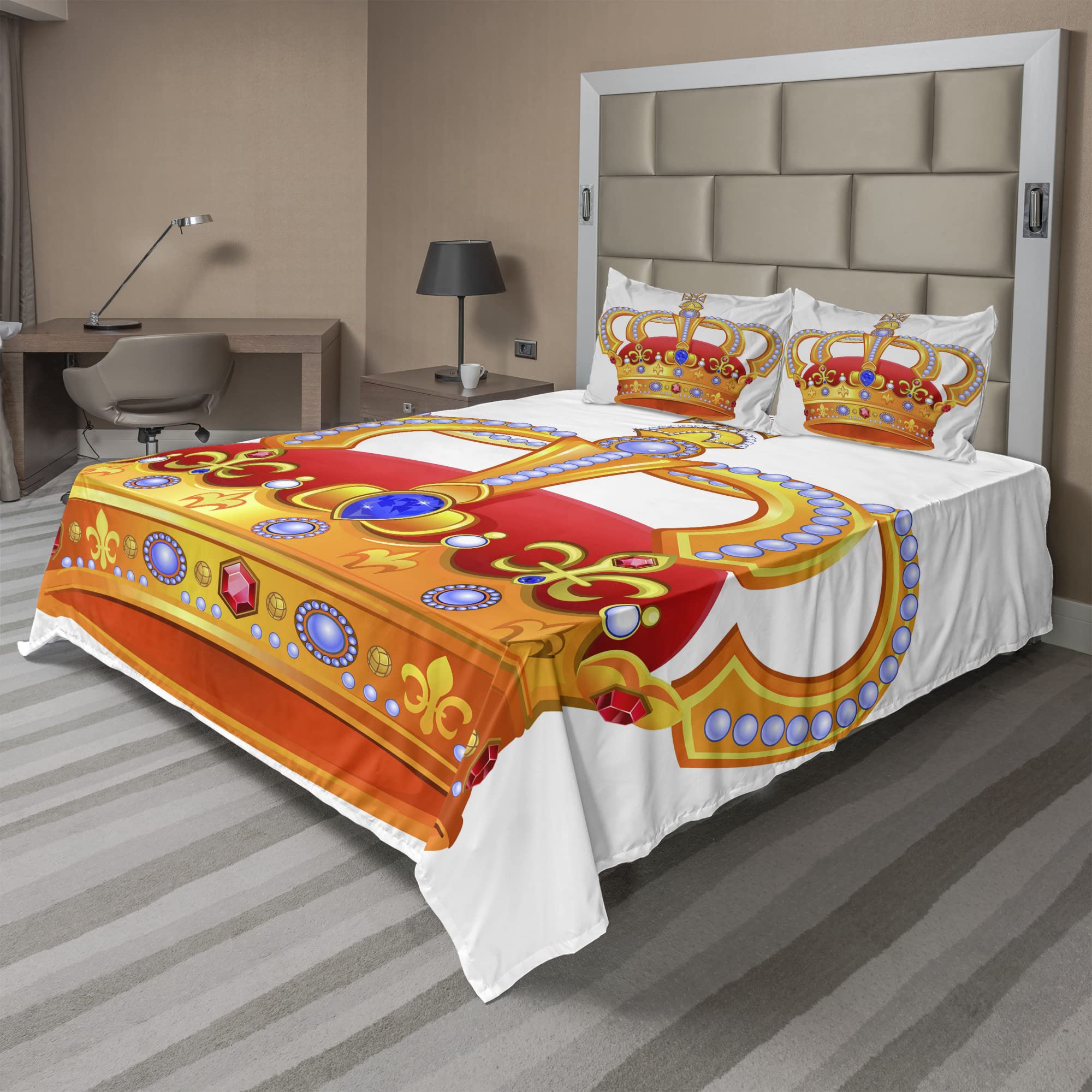 Ambesonne King Size 4-Piece Sheet Set - Royal Crown & Gem Imperial Print, Fitted & Flat Sheets with Pillowcases, Marigold Orange - Luxury Bedding for Master Bedroom, Guest Room & Royal-Themed Decor