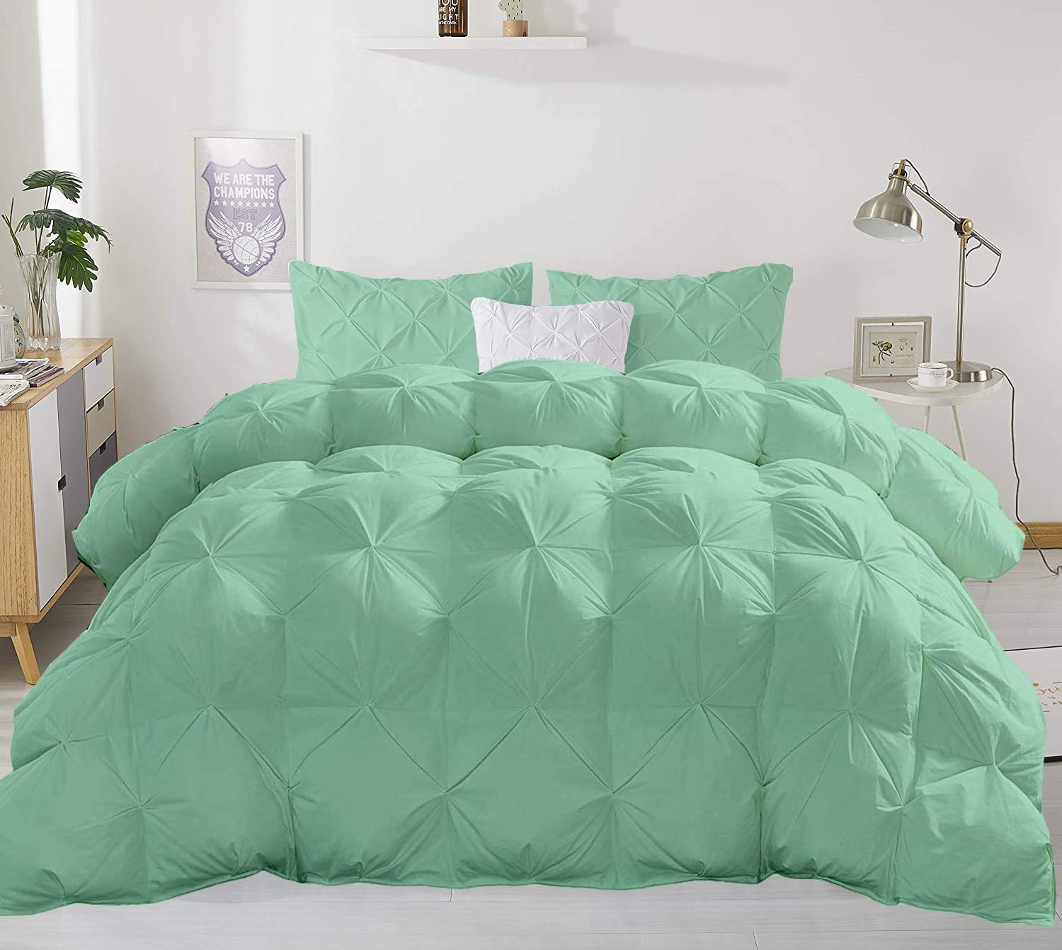 600 GSM All-Season 3-Piece Quilted Pinch Pleated Fluffy Comforter Set - Super Queen Size 100% Cotton Duvet Insert with 2 Pillowcases (Aqua Blue) | Ultra Soft Bedding for Cozy Winter Nights & Stylish Home Decor