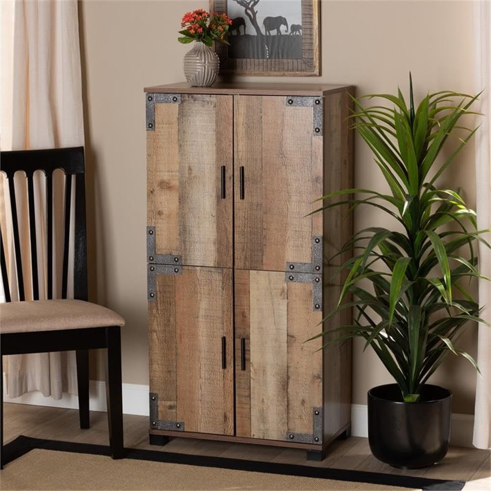 BOWERY HILL Rustic Brown 4-Door Wooden Shoe Storage Cabinet - Organize Entryway, Closet & Bedroom Shoes | Space Saving Shoe Rack for Home & Office