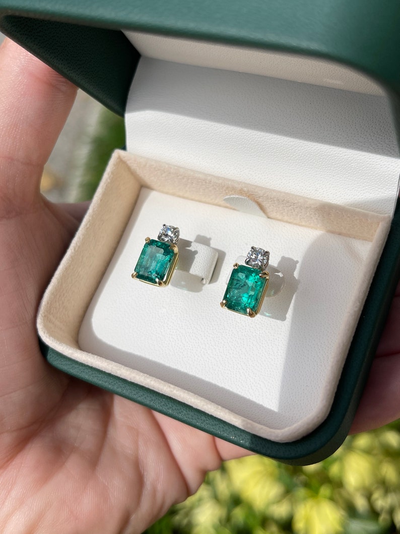 7.20tcw 18K Gold AAA Natural Emerald Cut & Round Diamond Stud Earrings - Vivid Sea Deep Bluish Green Two-Tone Jewelry for Women, Perfect for Weddings, Parties & Special Occasions