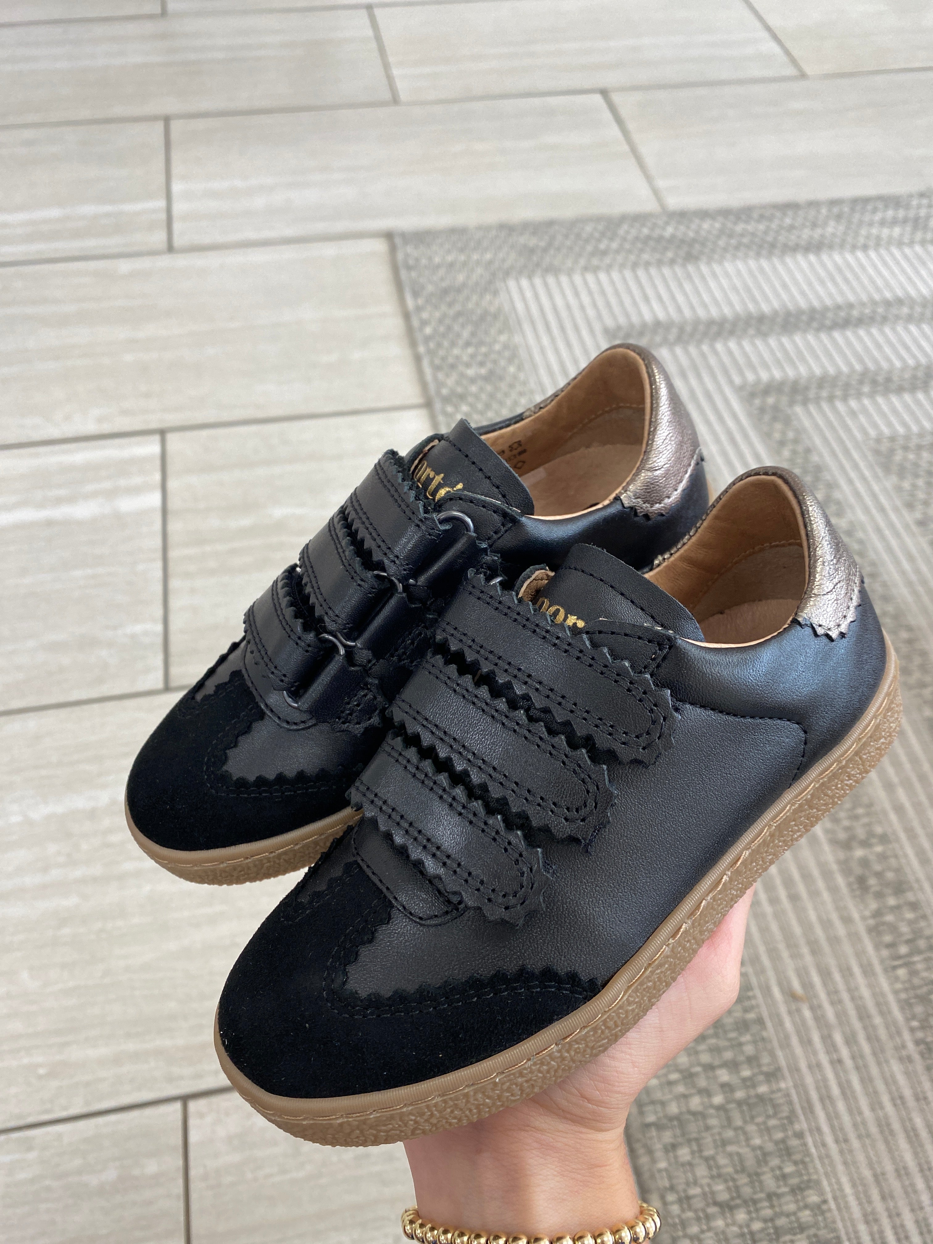 Black and Gold Scalloped Velcro Sneakers for Women - Comfortable Casual Shoes for Walking, Running & Everyday Wear