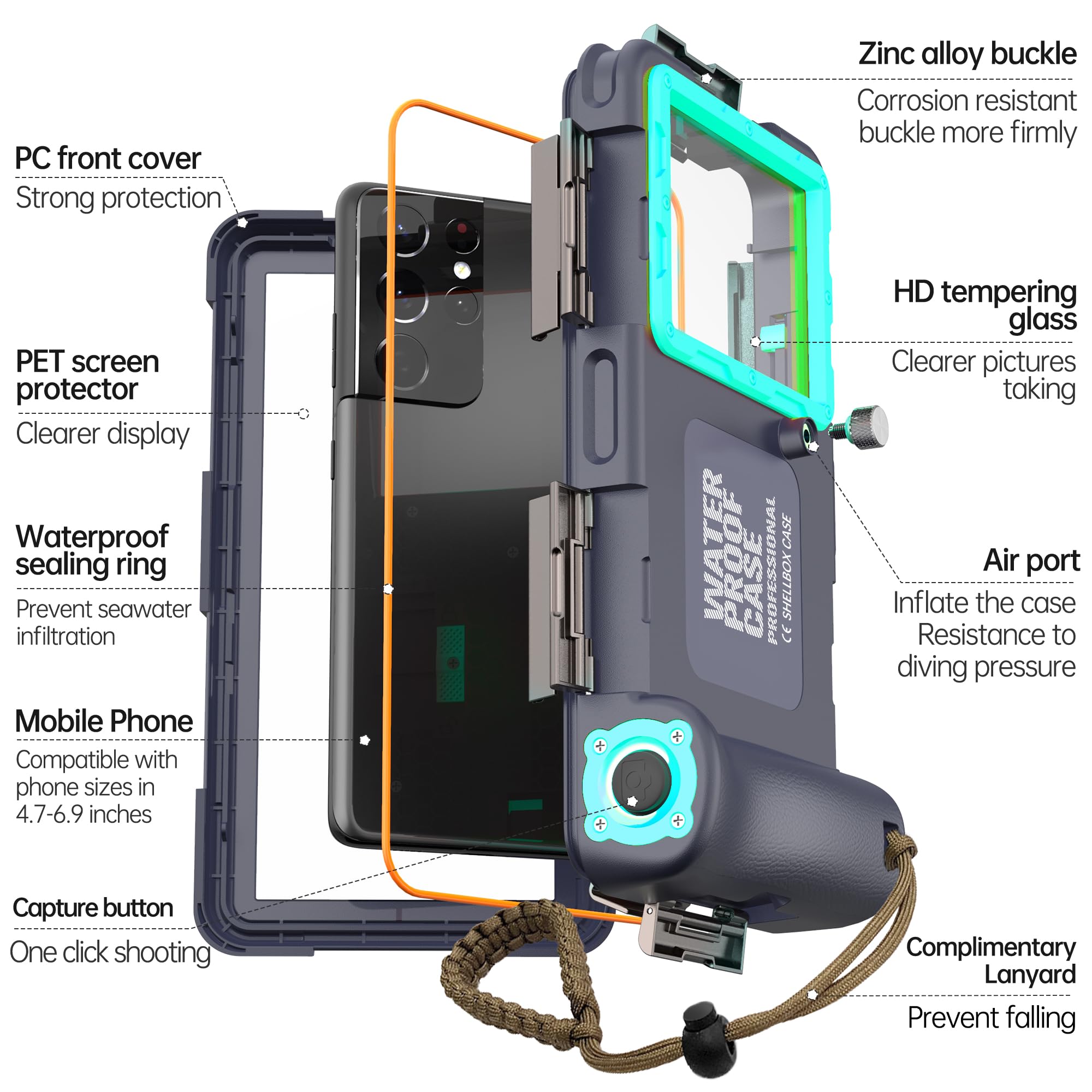Waterproof Phone Case for iPhone 16/15/14/13/12/11 Pro Max & Samsung Galaxy S25/S24/S23/S22 - 50ft/15m Deep Underwater Protection - Scuba Diving, Snorkeling, Swimming & Beach Activities - Blue/Teal Durable Underwater Photography Case