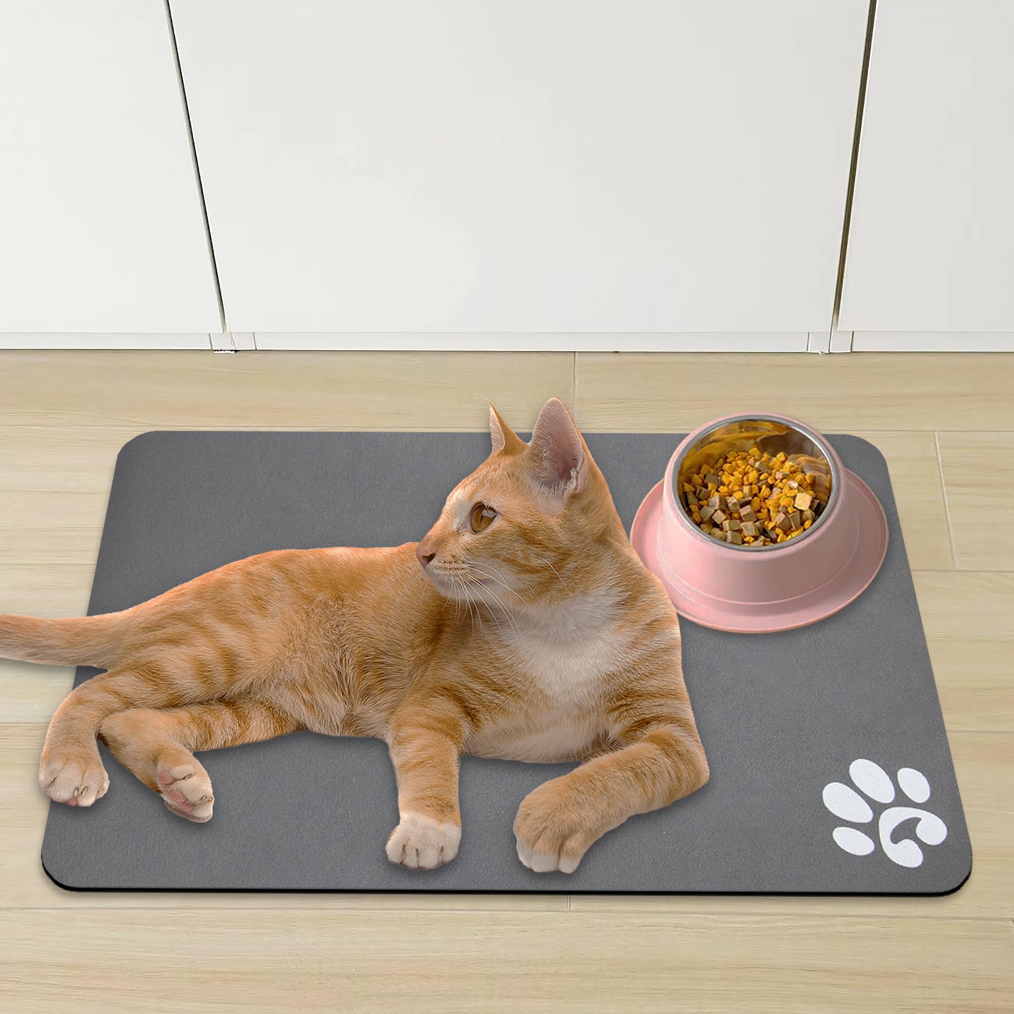 Non-Slip Super Absorbent Pet Feeding Mat for Cats & Dogs - 24x16.9 Inch Waterproof Food Bowl Mat with Footprint Design - Perfect for Messy Eaters, Spill Protection & Easy Cleanup - Ideal for Kitchen, Floor or Travel Use (Black)