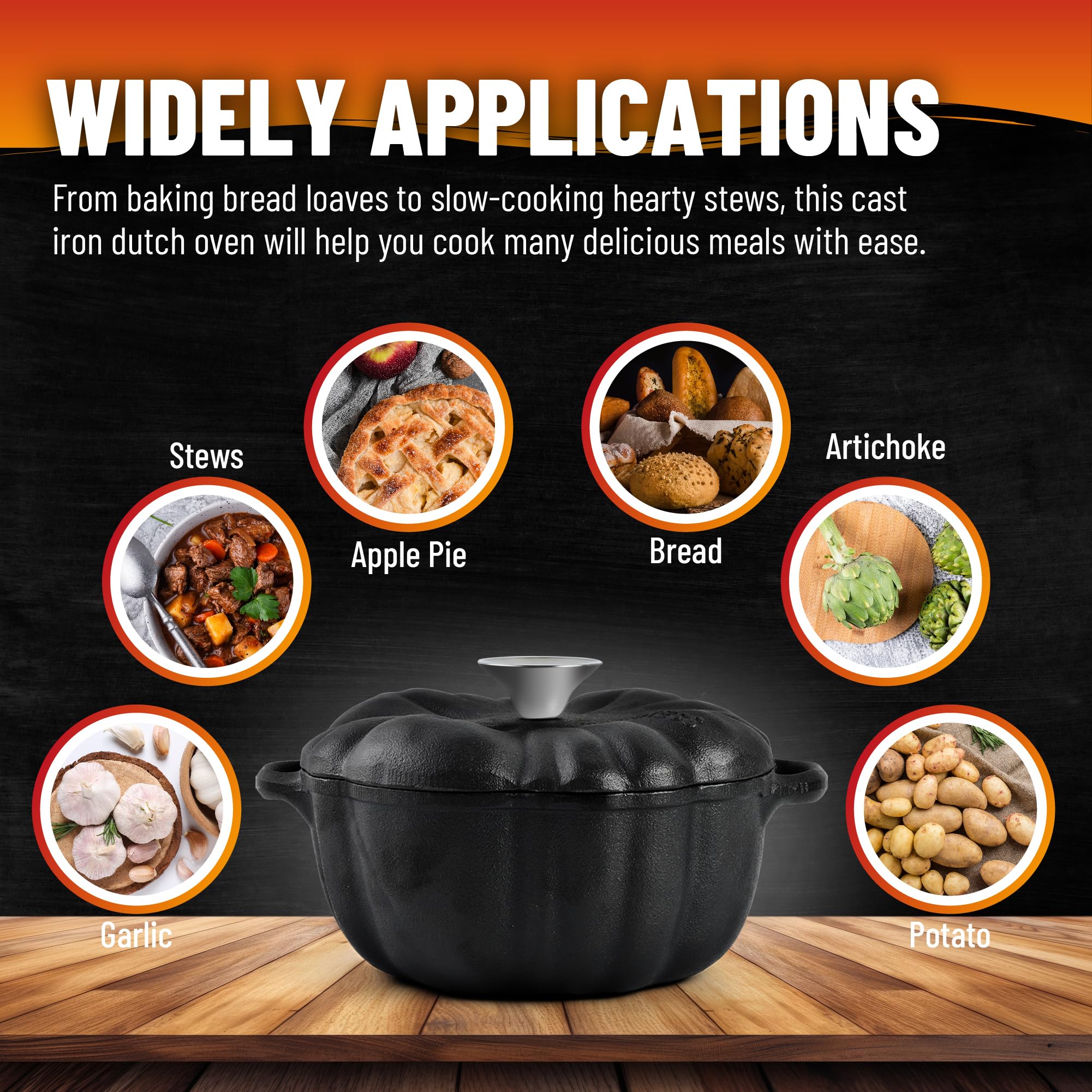 SOBEIT 1.68 Quart Pre-Seasoned Cast Iron Dutch Oven with Lid - Mini Pumpkin Shaped Pot for Baking, Roasting, Stewing & Serving | Perfect for Garlic Bread, Casseroles, Camping & Kitchen Decor (Black)