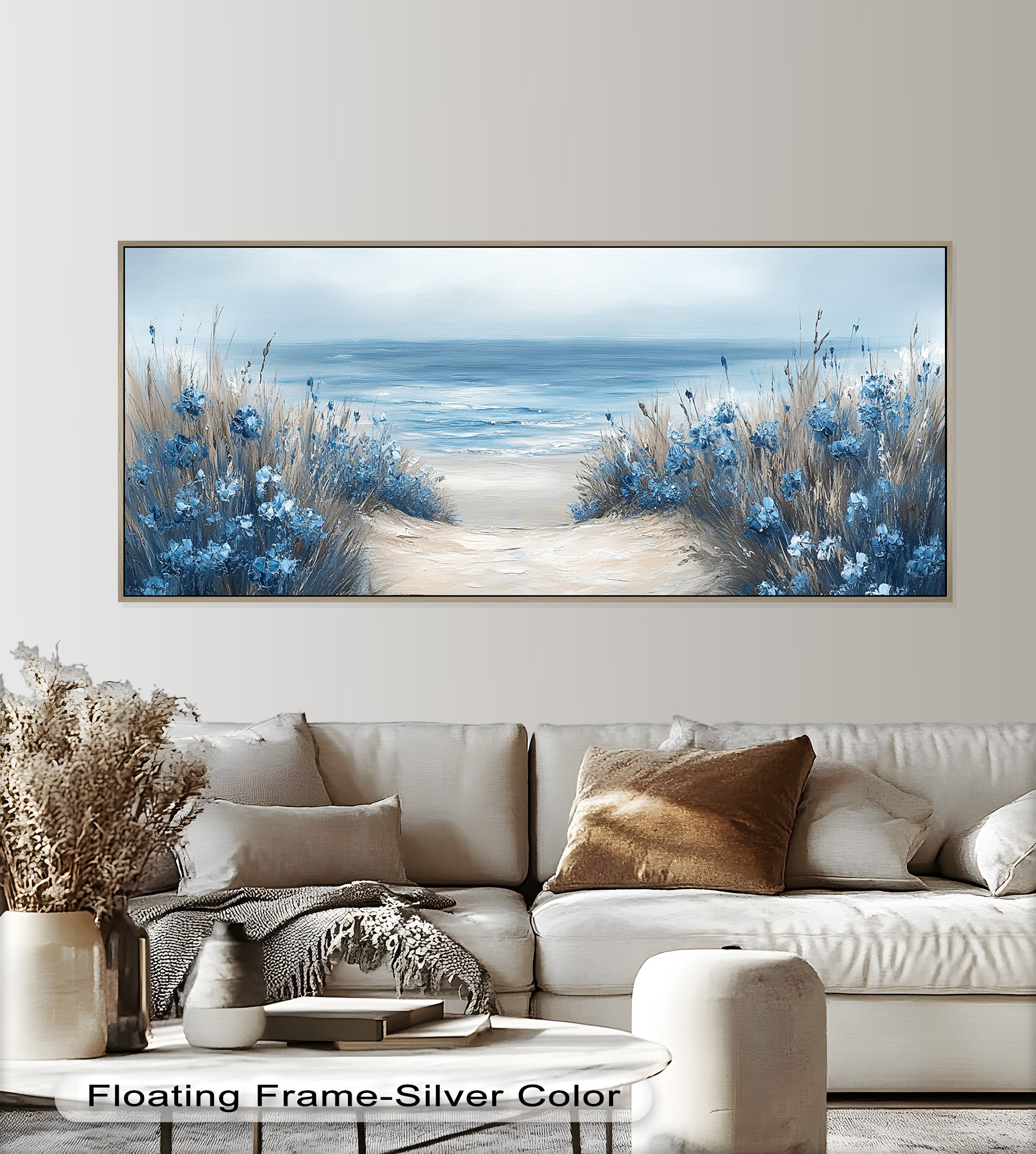 Blue Floral Beach Landscape Realism Oil Painting - Handmade Canvas Wall Art for Living Room, Bedroom & Office Decor