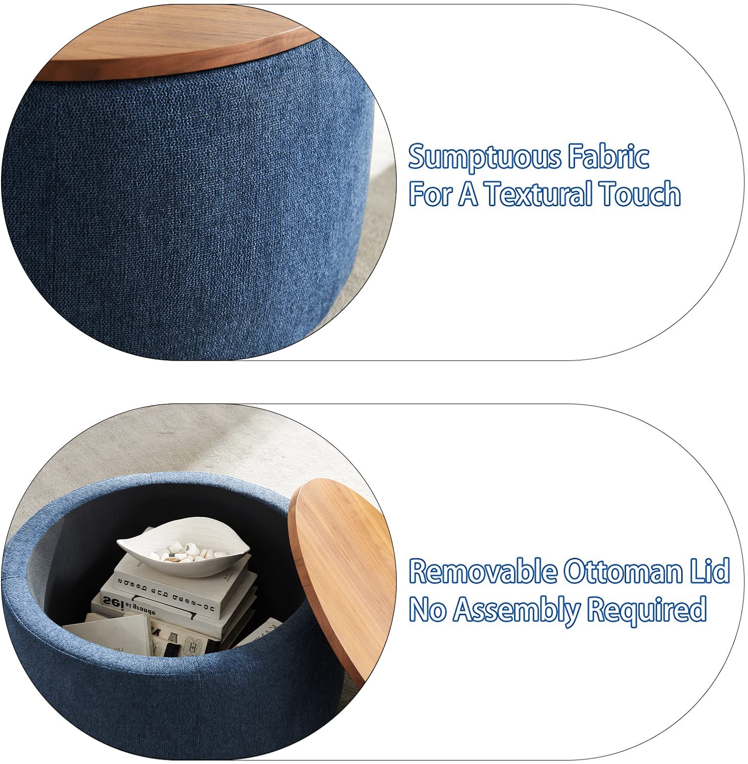 Round Storage Ottoman Coffee Table with Lift Top - Navy Blue Footstool, Side Table & End Table for Living Room, Bedroom & Dorm - Perfect for Extra Seating & Hidden Storage