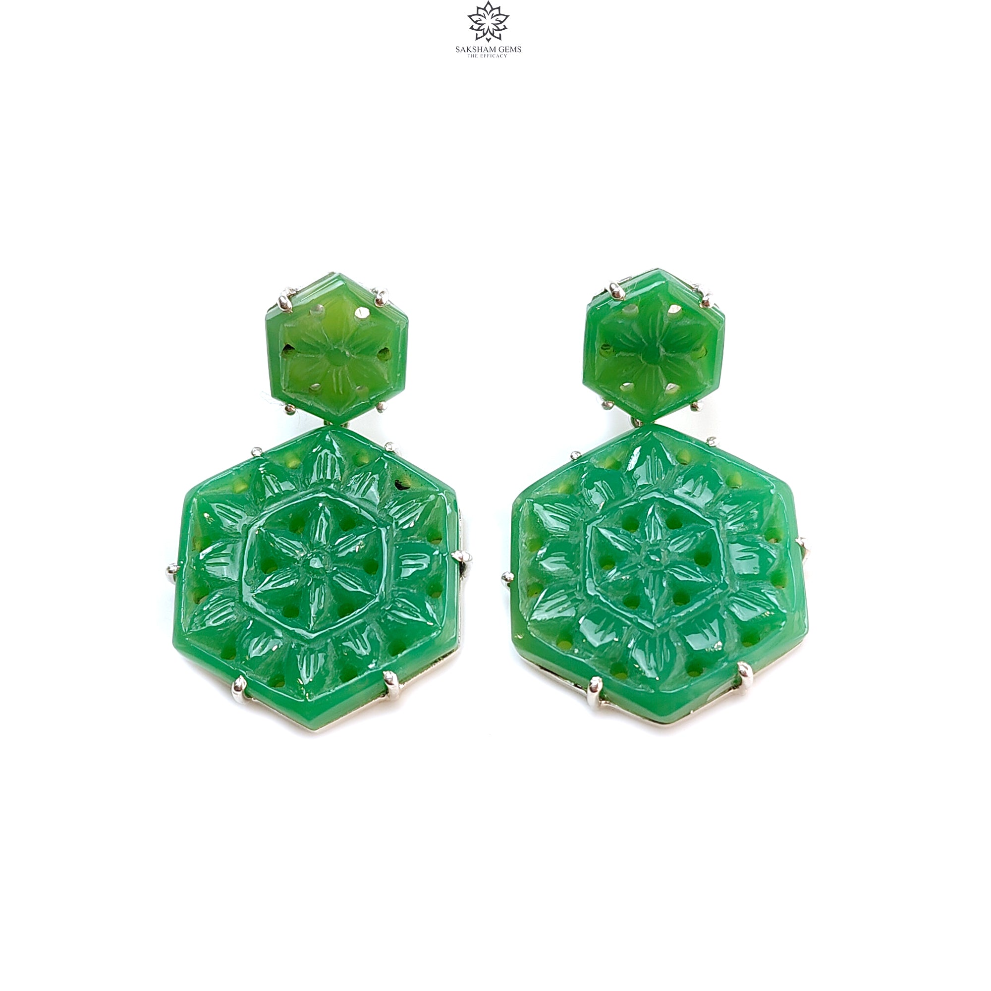 Natural Green Onyx Hexagon Stud Earrings - 925 Sterling Silver Prong Set Hand-Carved Gemstone Jewelry (11.64g) | Elegant Gift for Women, Perfect for Parties & Special Occasions