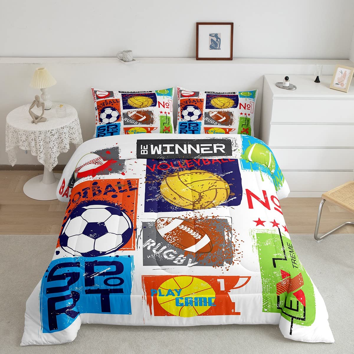 Football & Baseball Themed Twin Size Comforter Set - 2 Piece Kids Bedding for Boys & Girls Room Decor | Watercolor Graffiti Duvet Cover with Pillowcase | Perfect for Sports Lovers' Bedrooms, Game Rooms & Teen Dorm Decor