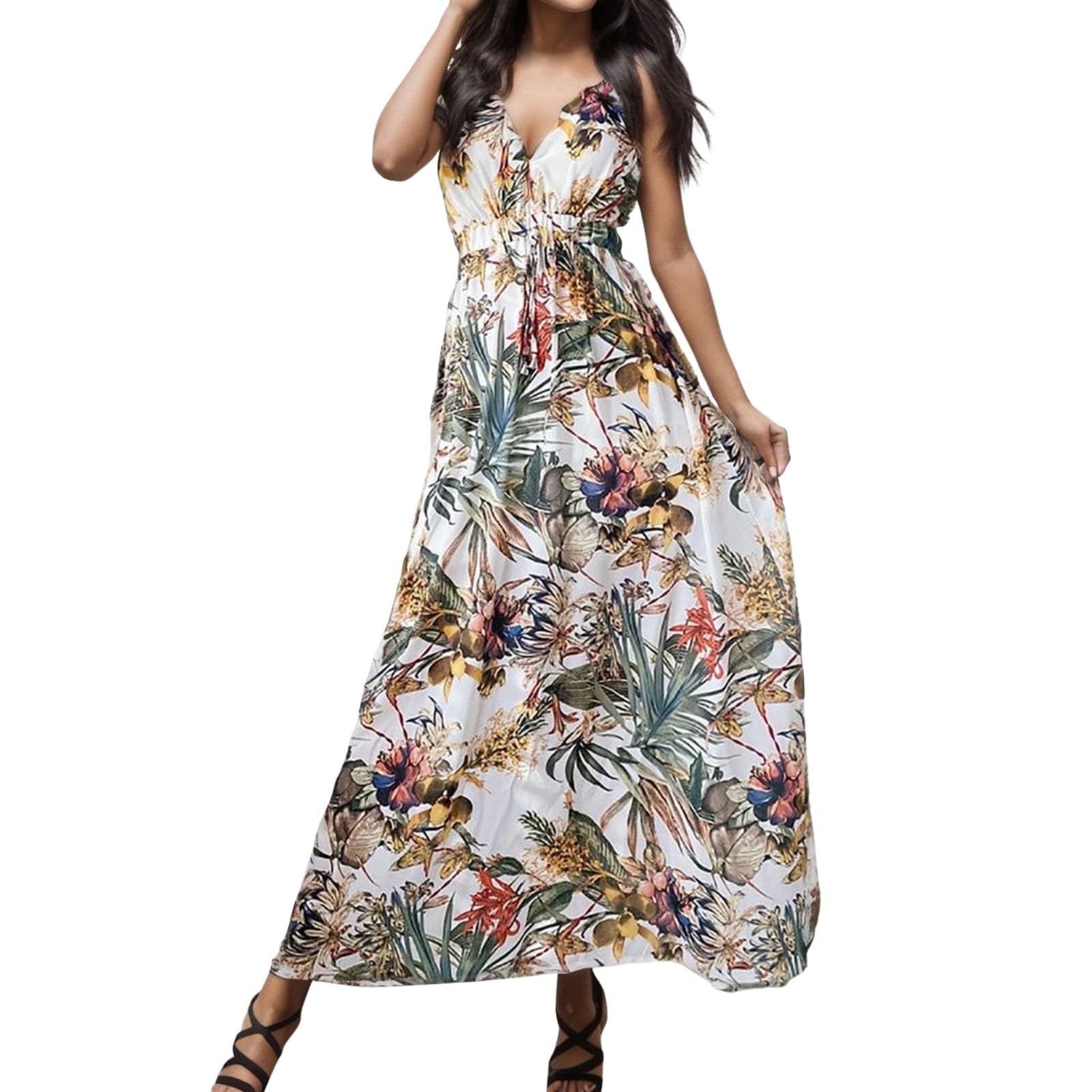 2024 Trendy Women's Tropical Wrap Dress - Floral Boho V-Neck Flowy Ruched Hawaiian Maxi Dress for Spring Summer | Beach Vacation, Pool Party & Casual Outings