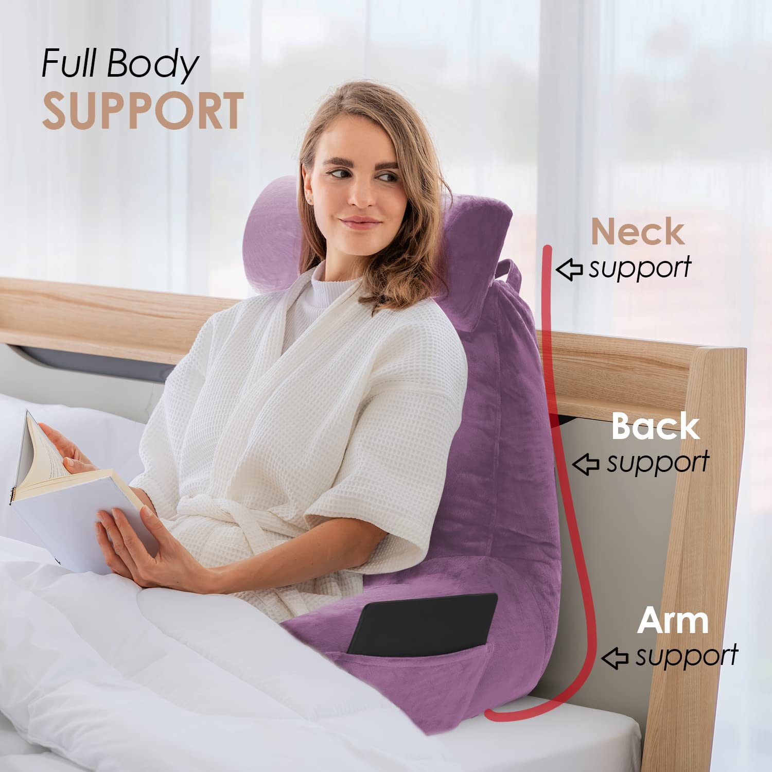 Nestl Large Reading Pillow for Bed - Shredded Memory Foam Back Support Pillow with Pockets - Perfect for Reading, Watching TV, or Relaxing in Bed - Lavender Dream Bed Rest Pillow for Adults & Kids