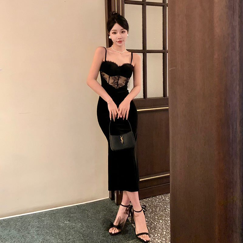 Elegant French Retro Lace Dress - Sexy Black Mermaid Maxi Skirt with Spaghetti Straps | Perfect for Evening Parties, Weddings & Romantic Dates