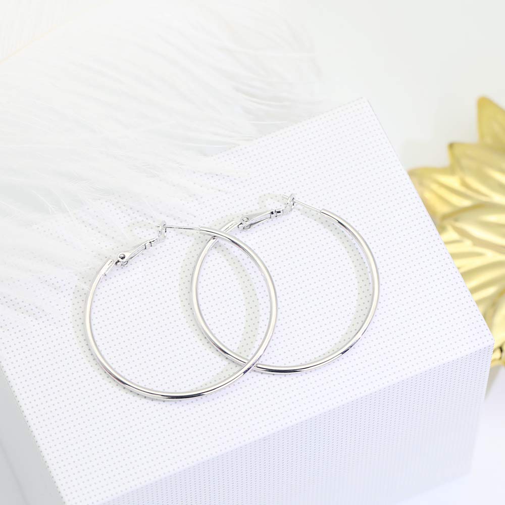 925 Sterling Silver Post Hoop Earrings for Women - 18K White Gold Plated Polished Round Hoops - Elegant Everyday Jewelry for Work, Date Night & Special Occasions - Gift Box Included