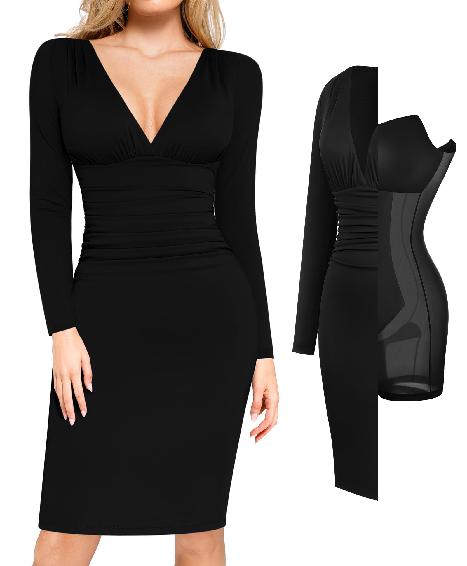 Popilush Slimming Long Sleeve Bodycon Dress - V Neck Ruched Midi Dress for Women | Shapewear Party Cocktail Dress | Perfect for Night Out, Date Night & Special Occasions
