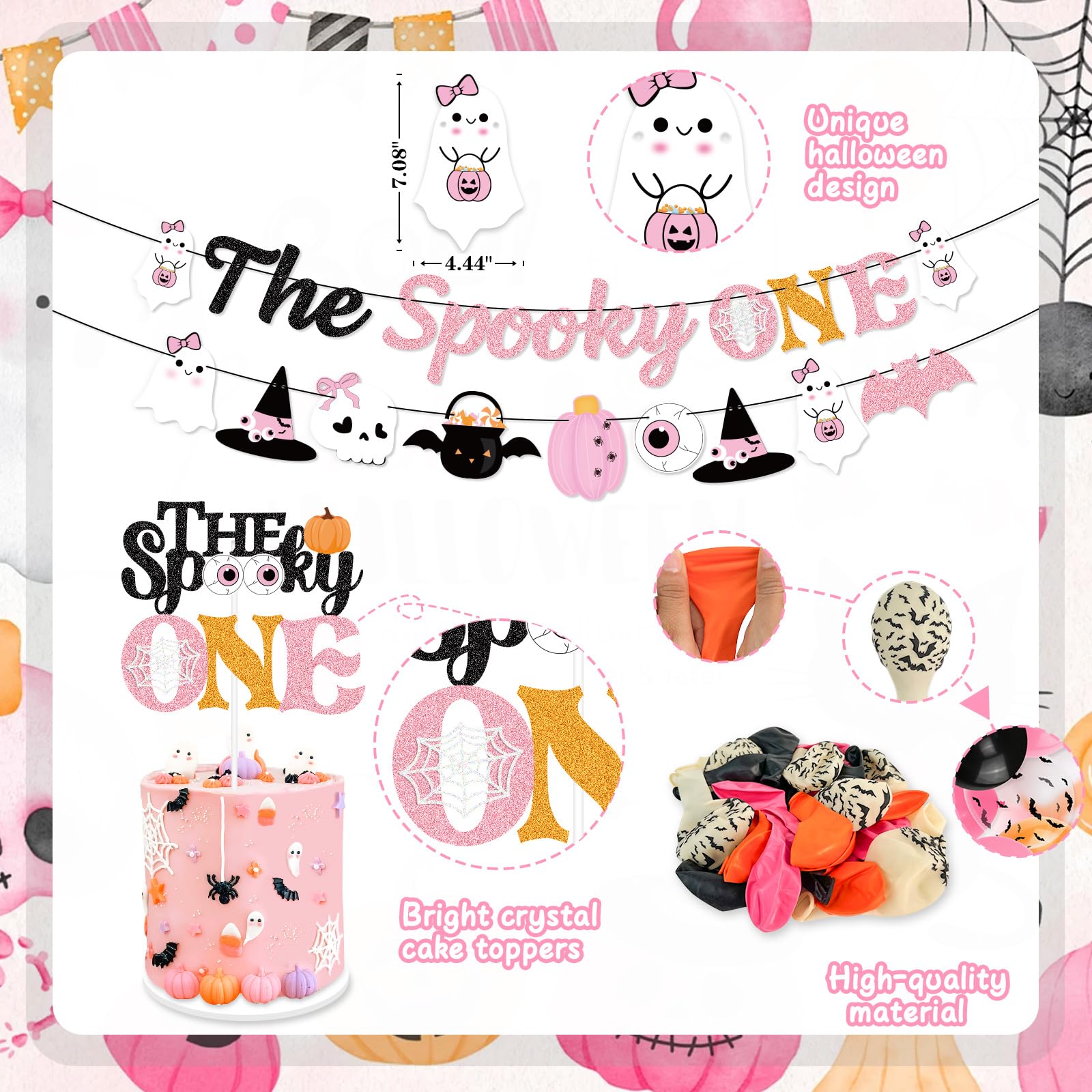 K KUMEED Pink Halloween 1st Birthday Party Decorations Set - Spooky One Banner, Cute Ghost Cake Topper, Eyeball & Pumpkin Decor, Latex Balloons - Perfect for Girls' Halloween Birthday Party & Baby Shower Decorations