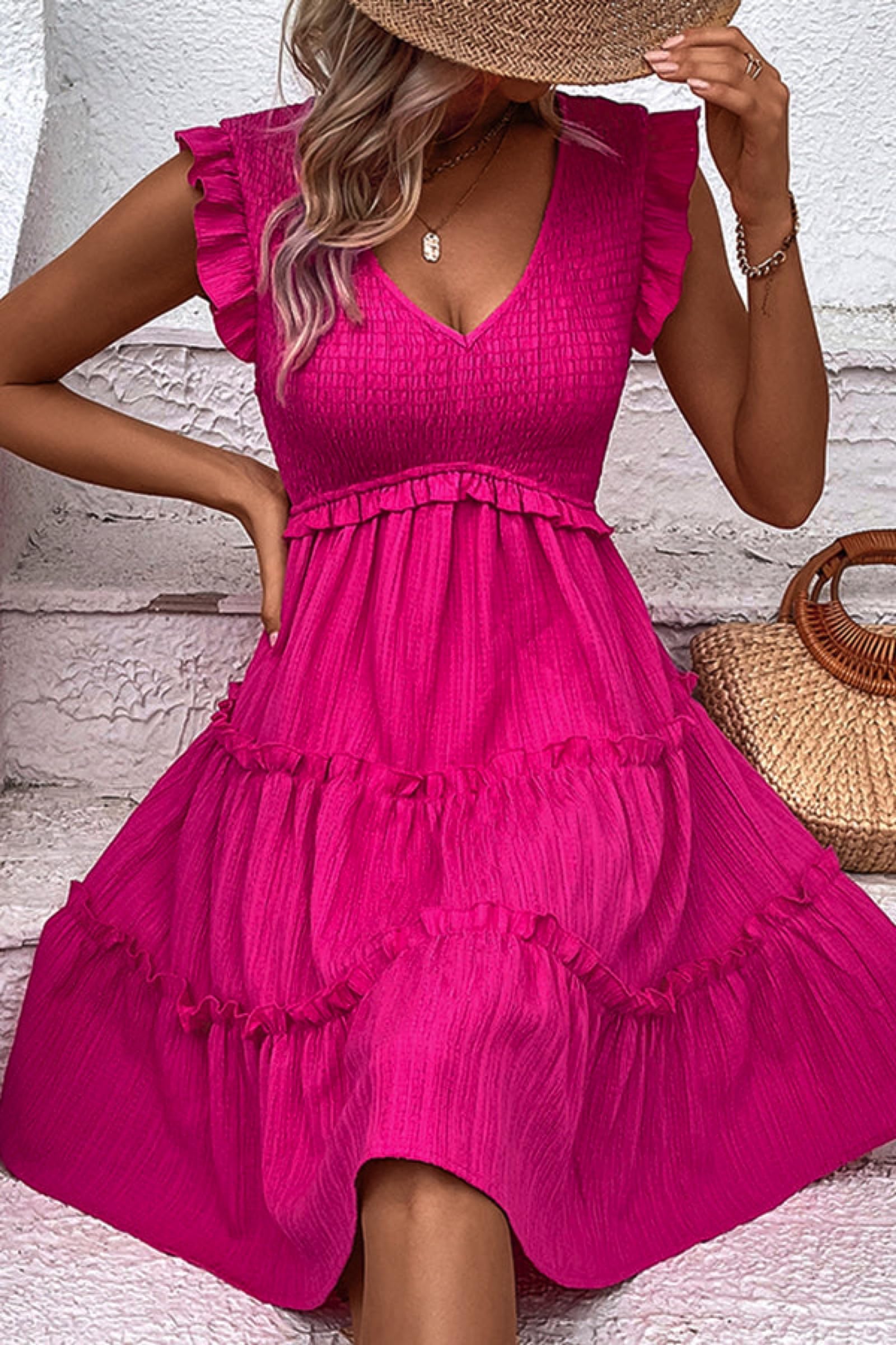 Beachsissi Women's Solid Color Cute V-Neck Casual Dress - Summer Beach Wear, Party Outfit & Everyday Comfort