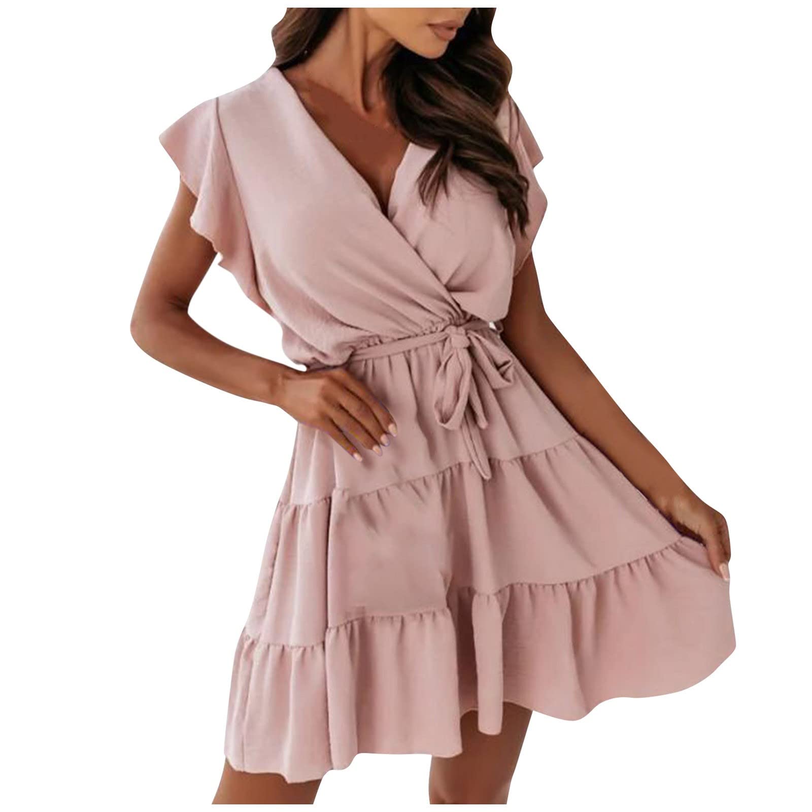 Women's Summer Dresses - V-Neck Tie Front, Solid Color Pullover with Ruffle Sleeves, Mini & Maxi Sundresses for Beach, Vacation & Casual Wear