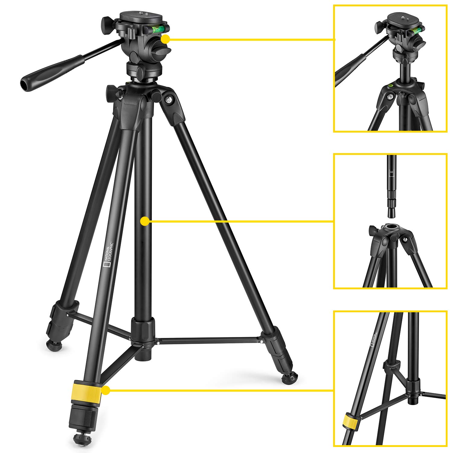 NATIONAL GEOGRAPHIC Professional Aluminum Tripod Kit with Monopod - 3-Way Pan Head, Quick Release, Lever Lock Legs & Carrying Bag - Supports 3kg for DSLR Cameras (Canon, Nikon, Sony) - Perfect for Travel Photography, Vlogging & Outdoor Adventures