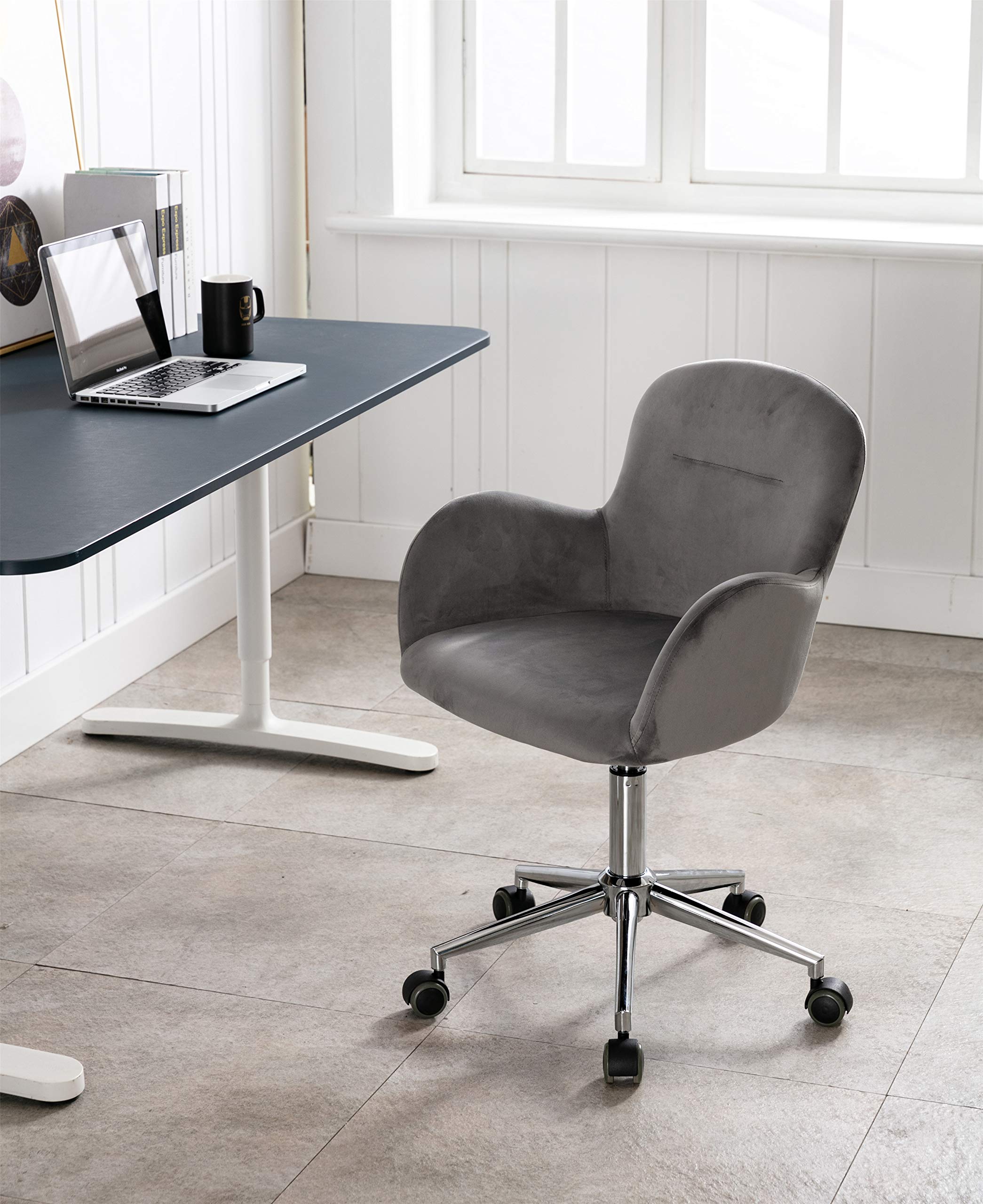 Luxury Velvet Home Office Chair - Modern Ergonomic Swivel Desk Chair with Wheels, Tufted Upholstered Accent Chair for Computer Work, Gaming, Living Room & Bedroom (Grey) - Perfect for Remote Work & Study Sessions