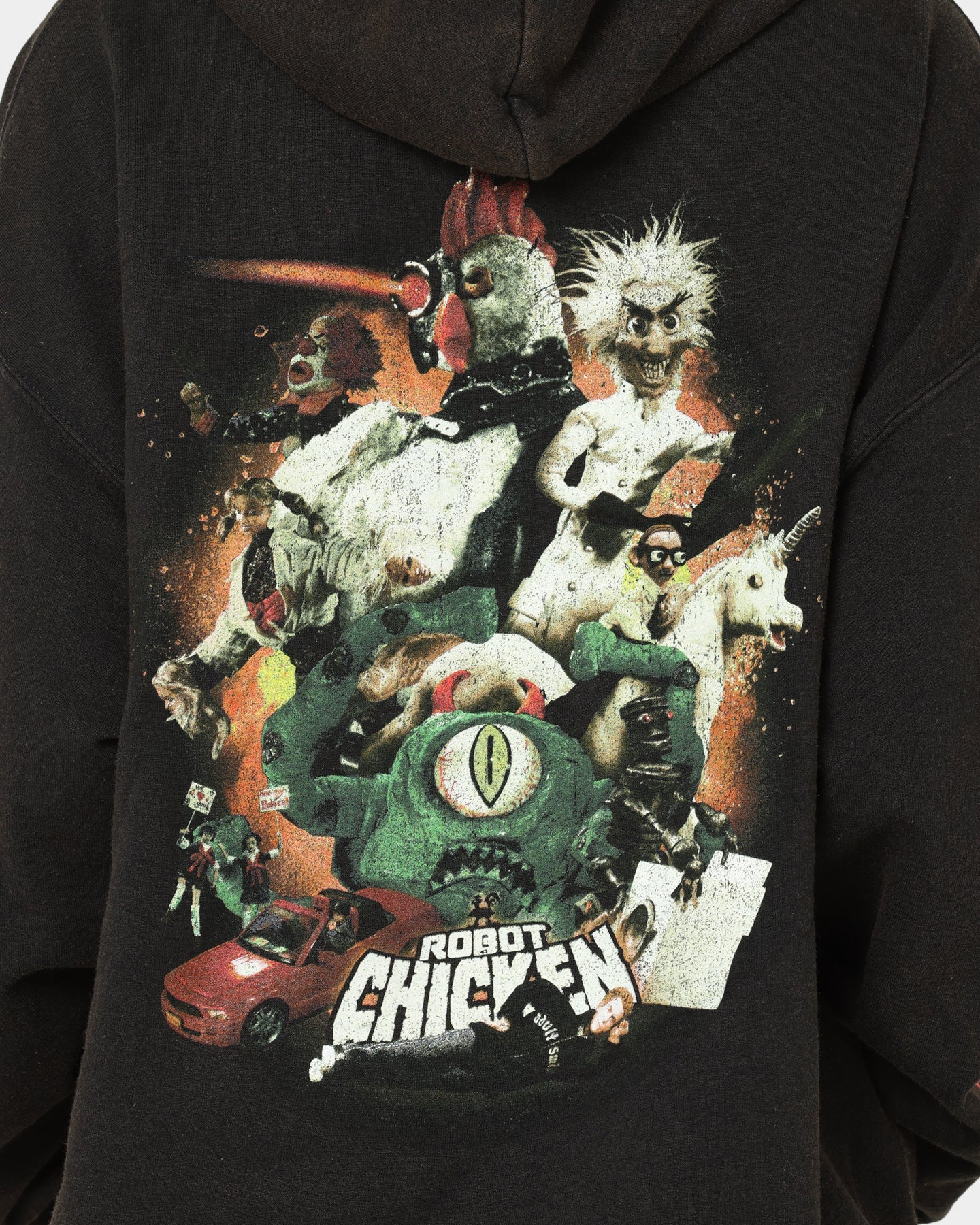 Vintage American Thrift Chicken Boom Hoodie - Black Wash Distressed Style | Retro Streetwear for Men & Women | Perfect for Casual Wear, Urban Fashion, and 90s Nostalgia Looks