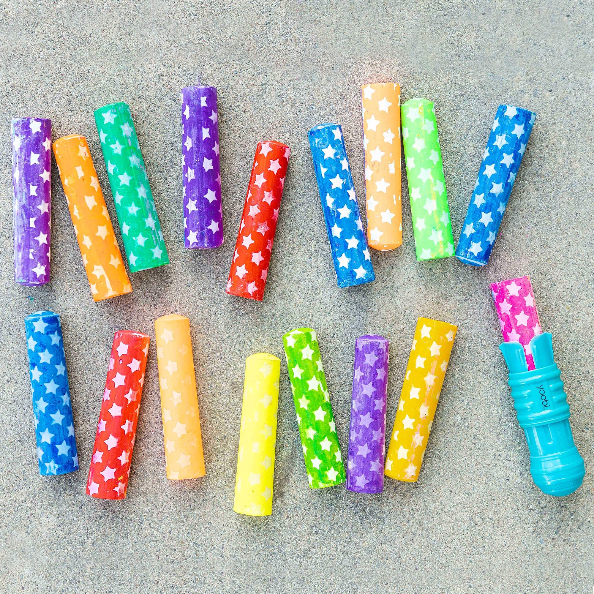 Yoobi Rainbow Sidewalk Chalk and Stencil Set - 16 Piece Non-Toxic Washable Chalk with 2 Holders & 4 Fun Stencils for Kids Outdoor Art Activities | Perfect for Birthday Gifts, Summer Play & Creative Street Drawing