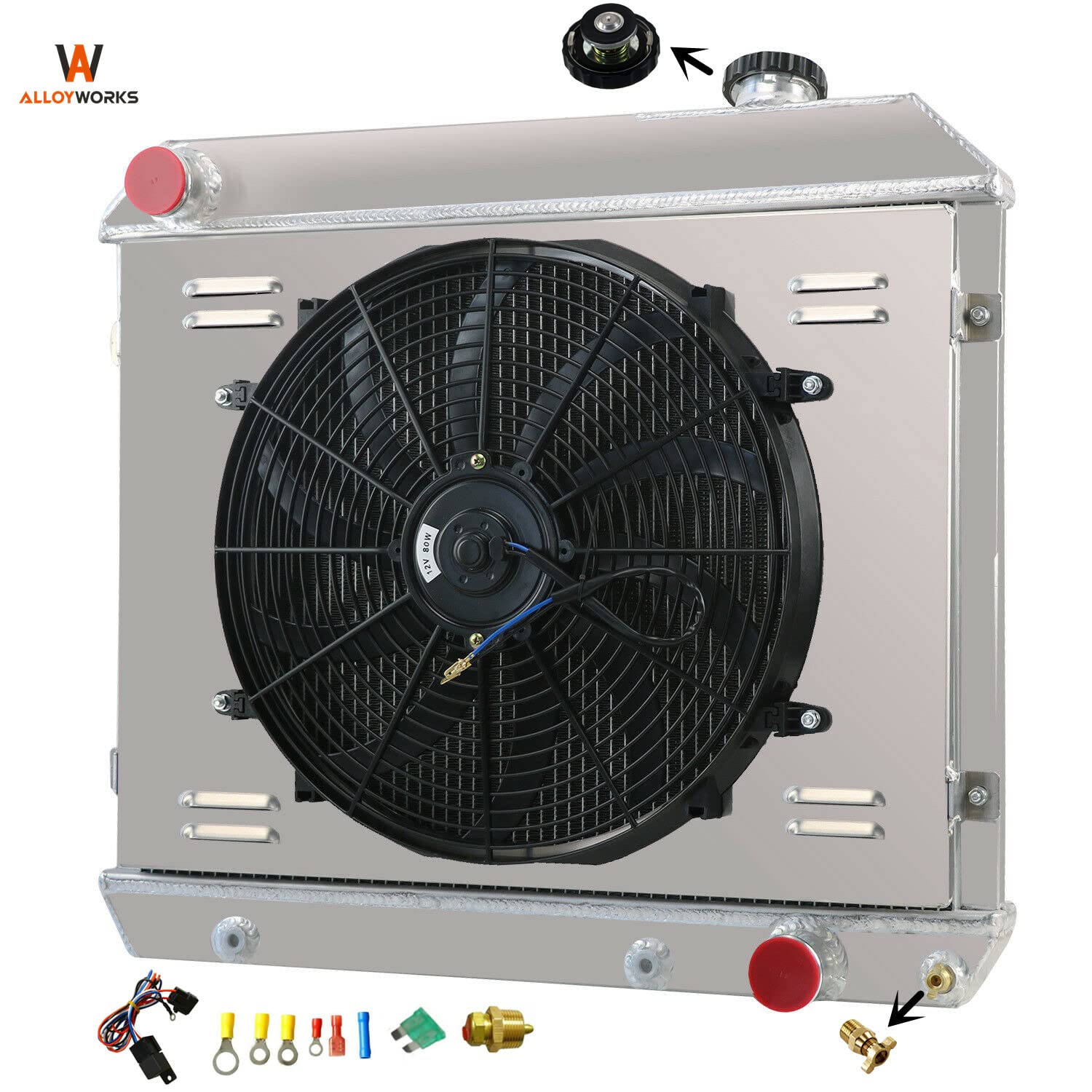 ALLWORKS 4-Row Aluminum Radiator with Shroud, Fan & Relay Kit - Compatible with 1961-1966 Chevy C10 C20 C30 & GM C/K Series Trucks - High Performance Cooling Upgrade for Classic Truck Restoration & Hot Rod Builds